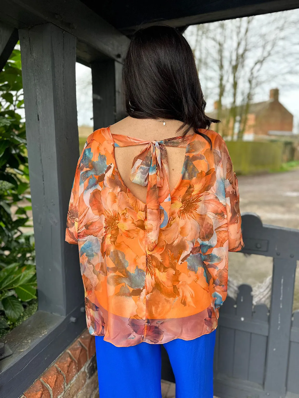 Orange Vibrant Floral Tie Back Floaty Top Denise