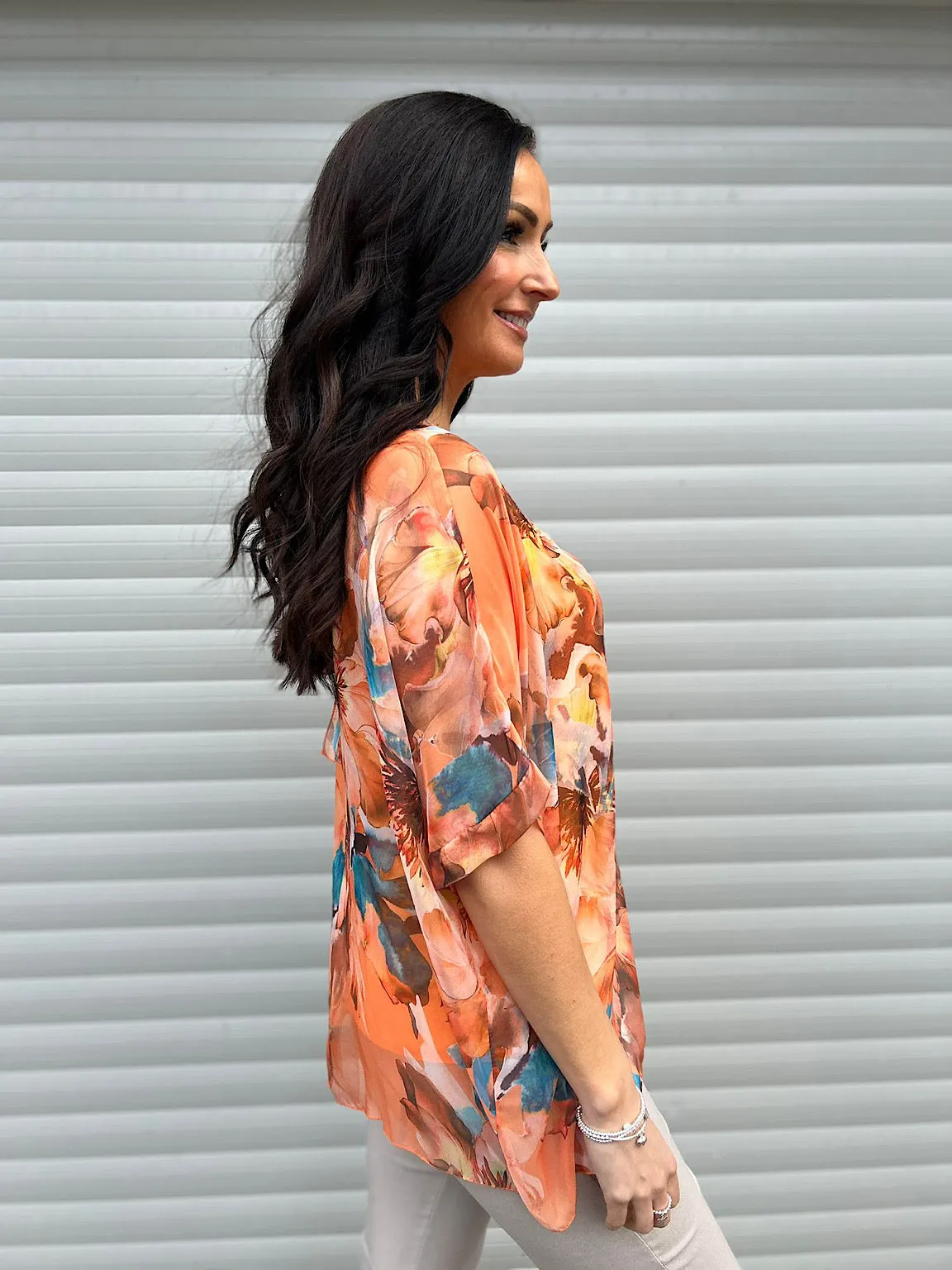 Orange Vibrant Floral Tie Back Floaty Top Denise