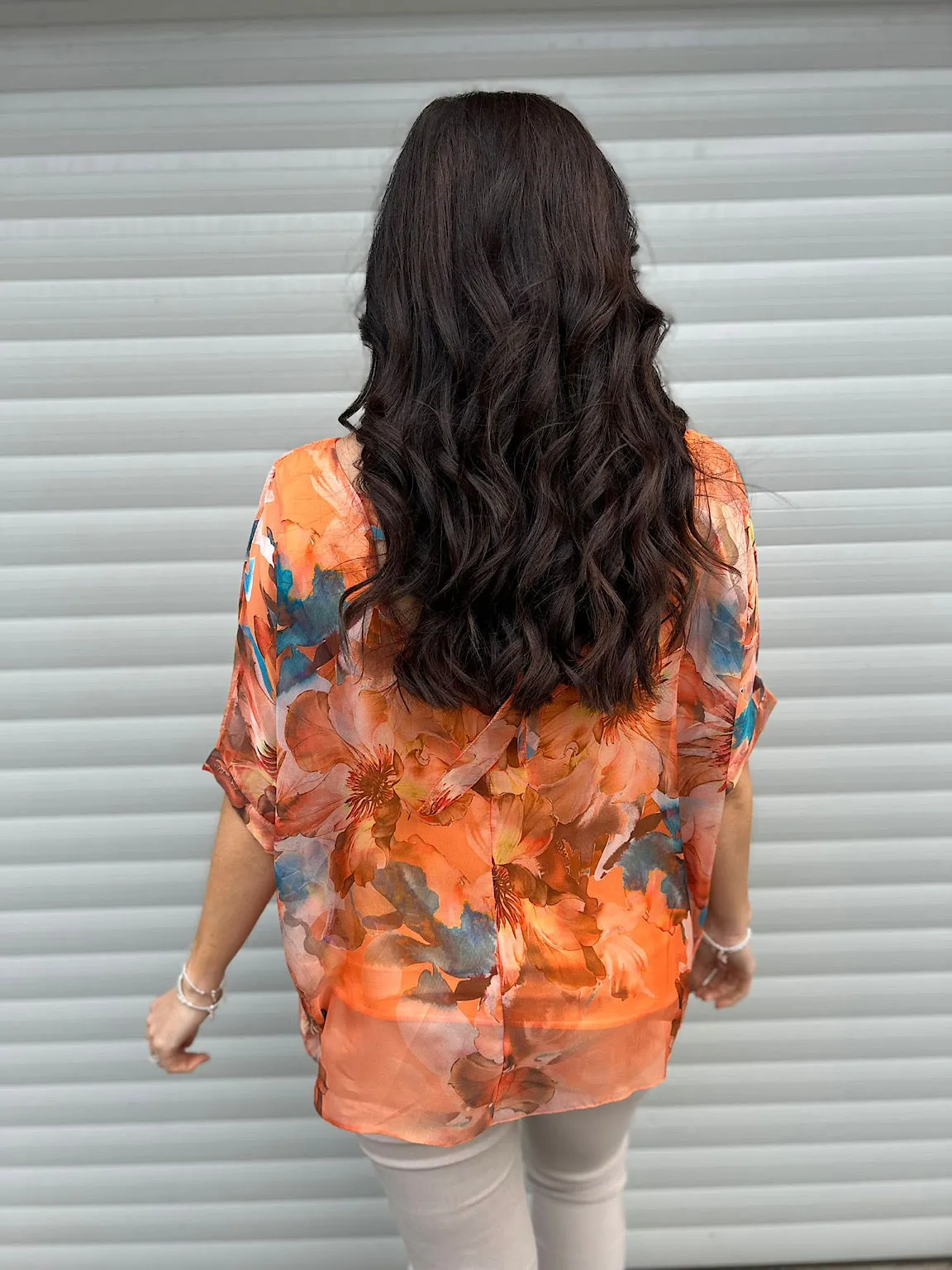 Orange Vibrant Floral Tie Back Floaty Top Denise