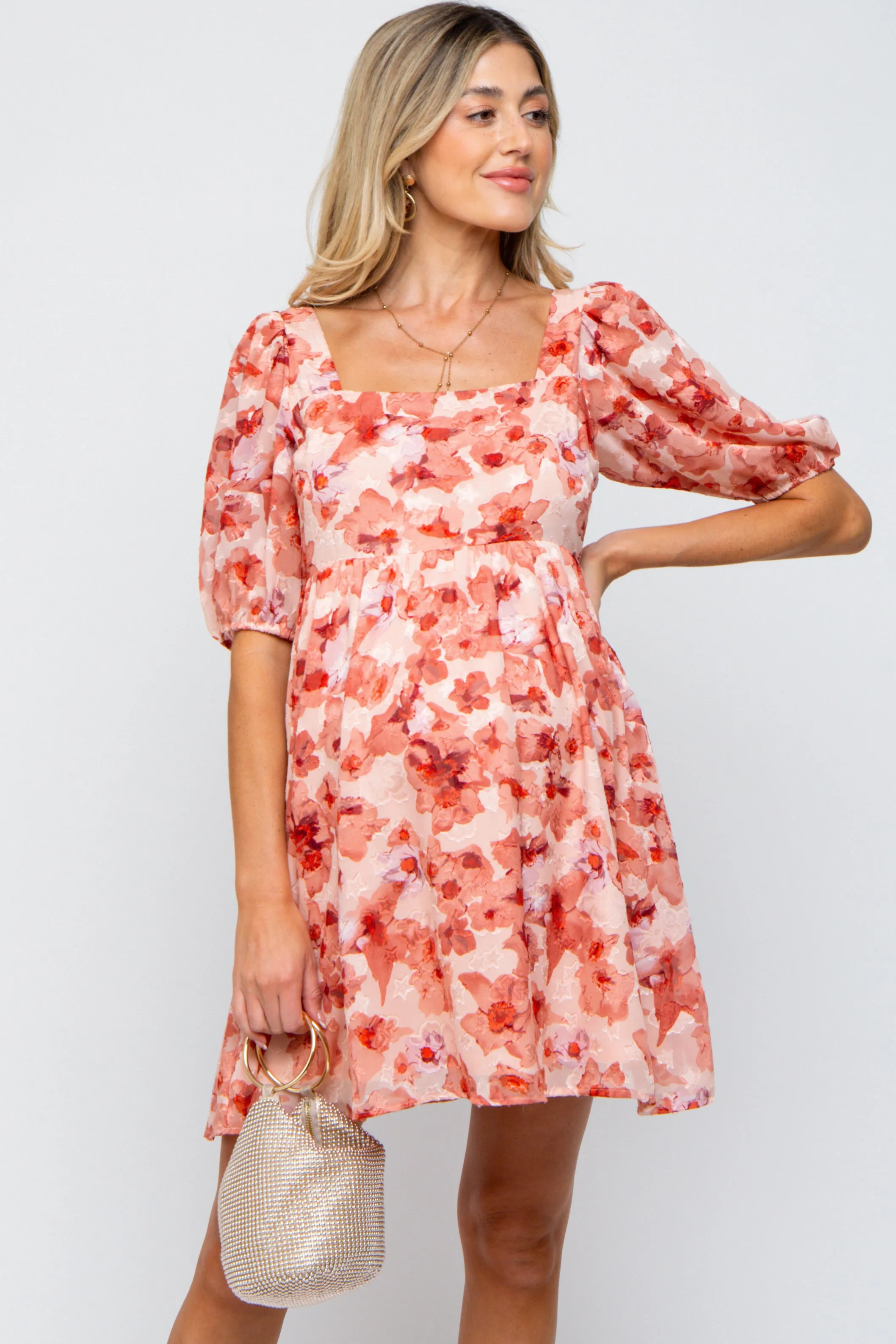 Peach Floral Square Neck Puff Short Sleeve Maternity Dress