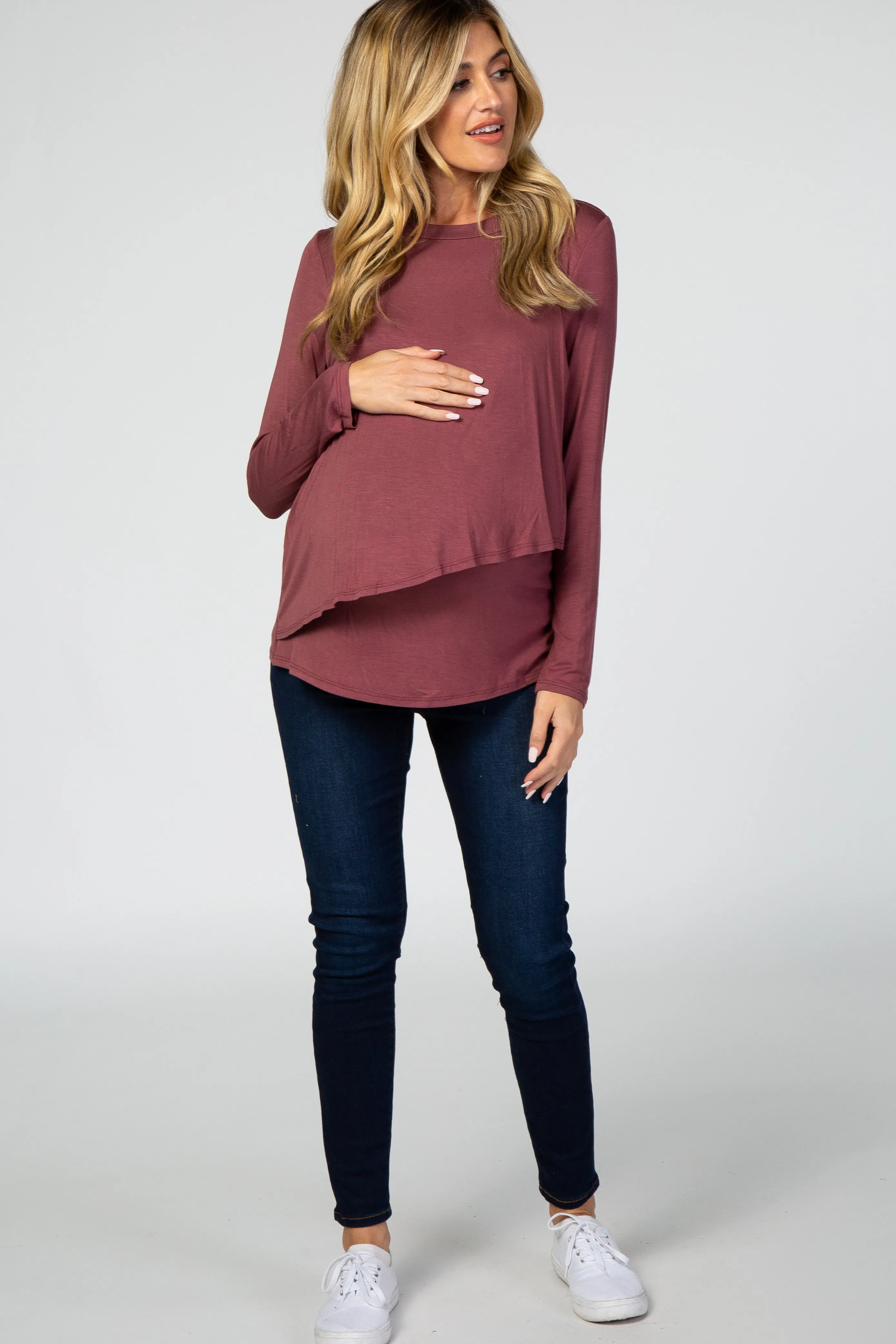 PinkBlush Mauve Solid Layered Front Long Sleeve Maternity/Nursing Top