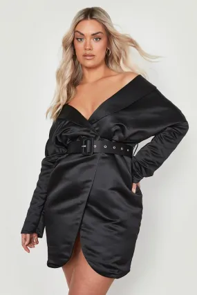 Plus Satin Belted Off Shoulder Blazer Dress