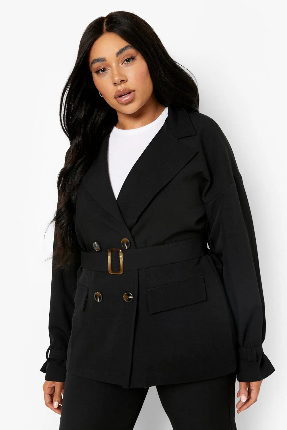 Plus Tortoise Buckle Tie Waist Blazer