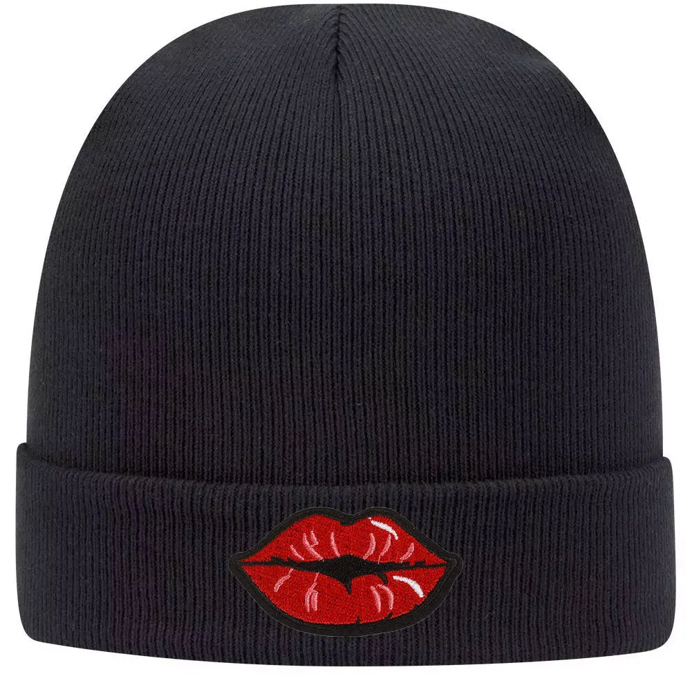 Red Kiss Lips Embroidered Patch Superior Cotton Blend 12 Classic Knit Cuff Beanies for Men & Women