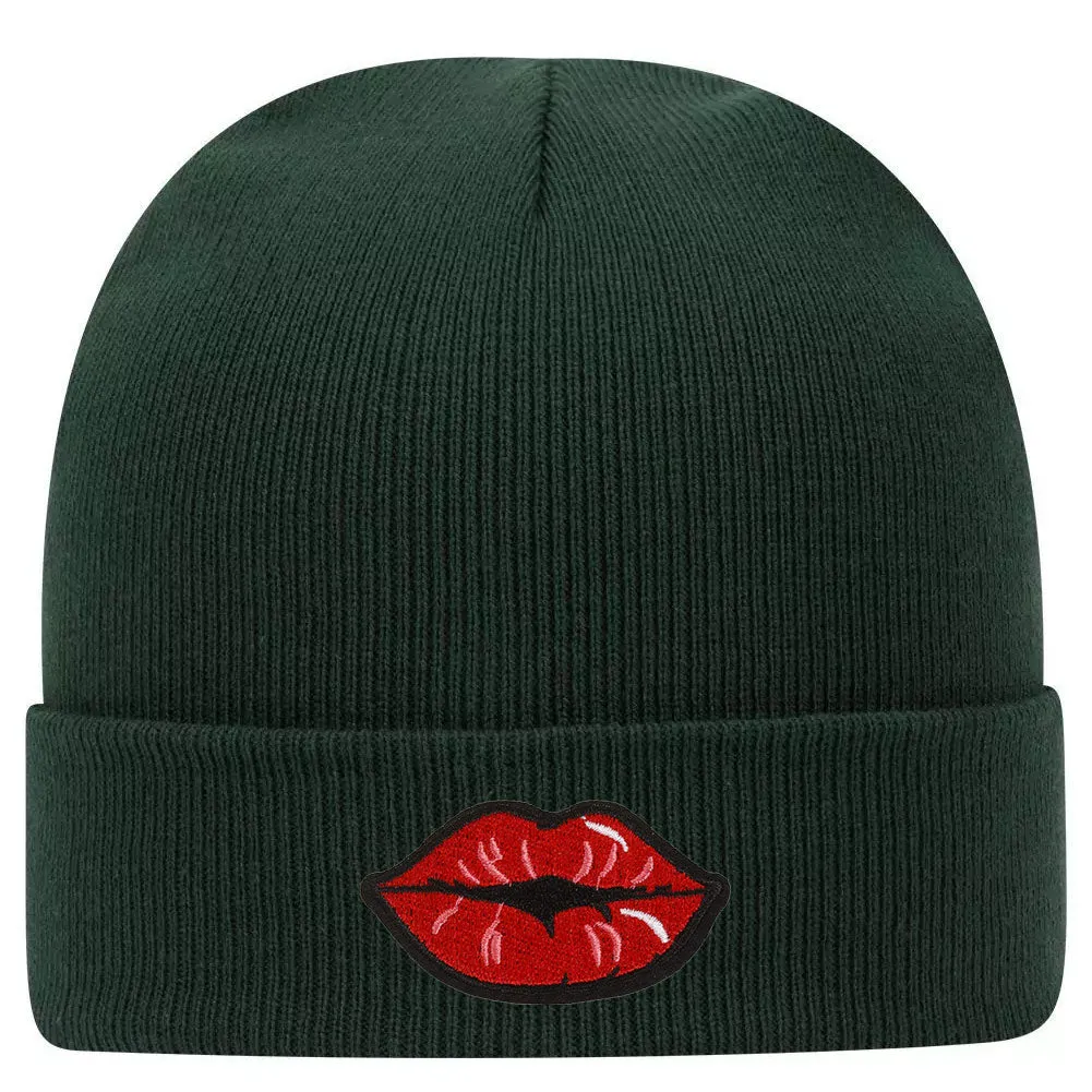 Red Kiss Lips Embroidered Patch Superior Cotton Blend 12 Classic Knit Cuff Beanies for Men & Women