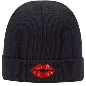 Red Kiss Lips Embroidered Patch Superior Cotton Blend 12 Classic Knit Cuff Beanies for Men & Women