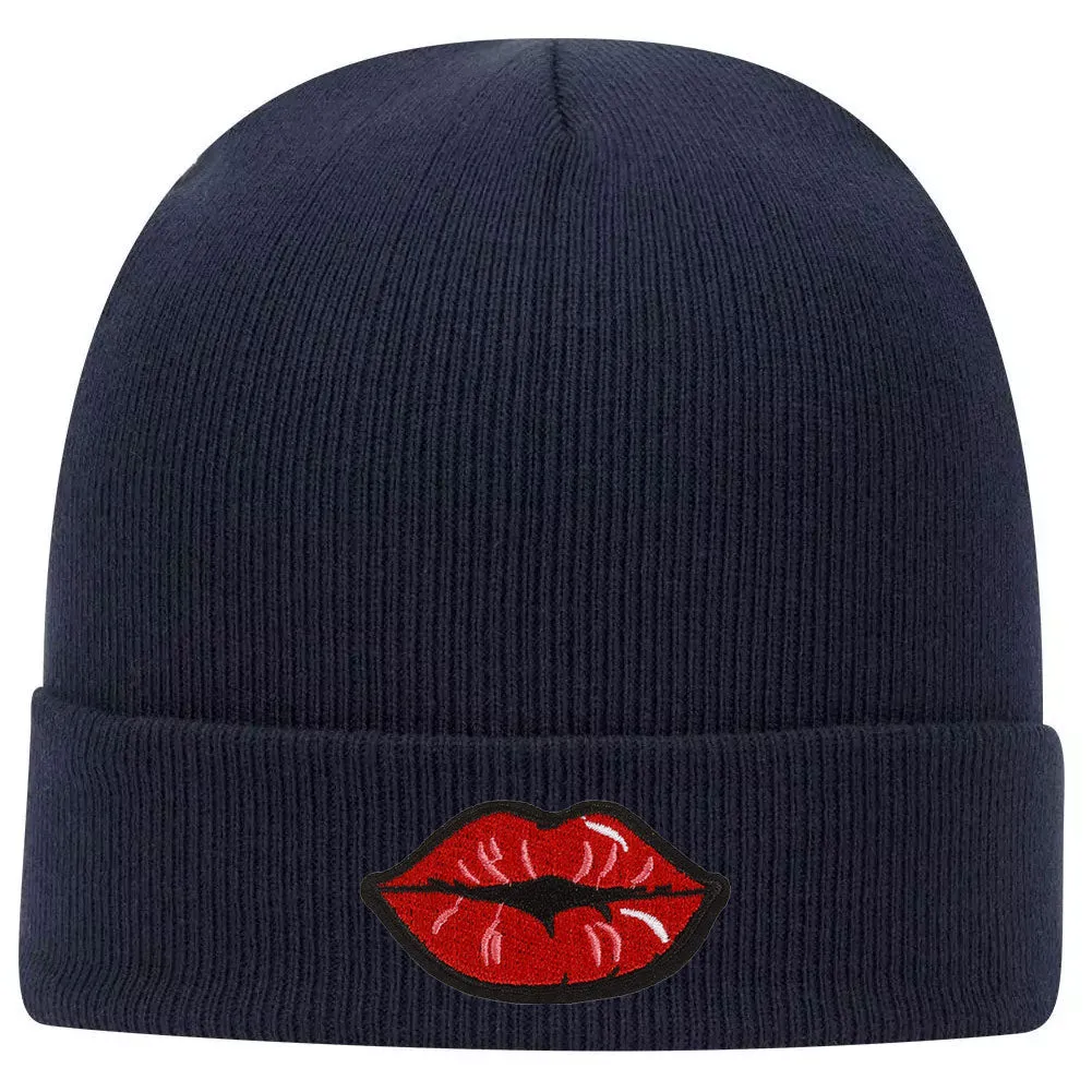 Red Kiss Lips Embroidered Patch Superior Cotton Blend 12 Classic Knit Cuff Beanies for Men & Women