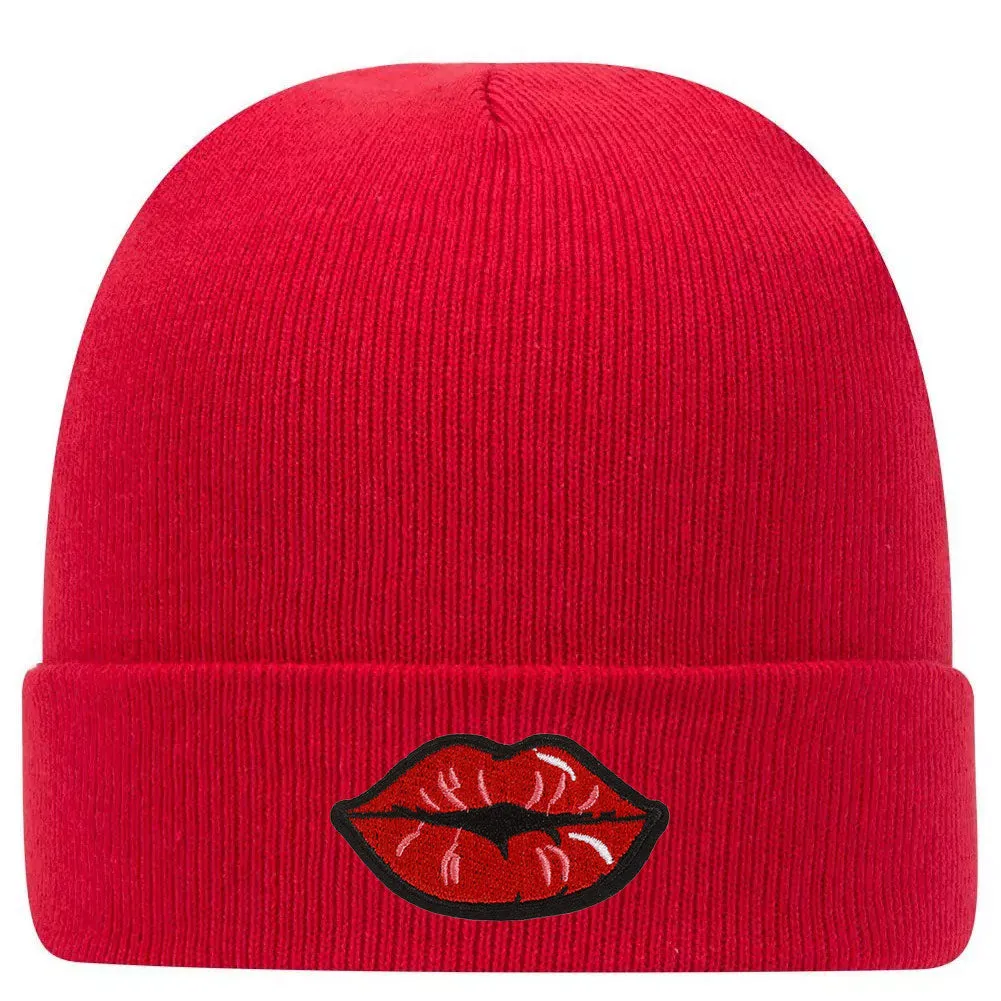 Red Kiss Lips Embroidered Patch Superior Cotton Blend 12 Classic Knit Cuff Beanies for Men & Women