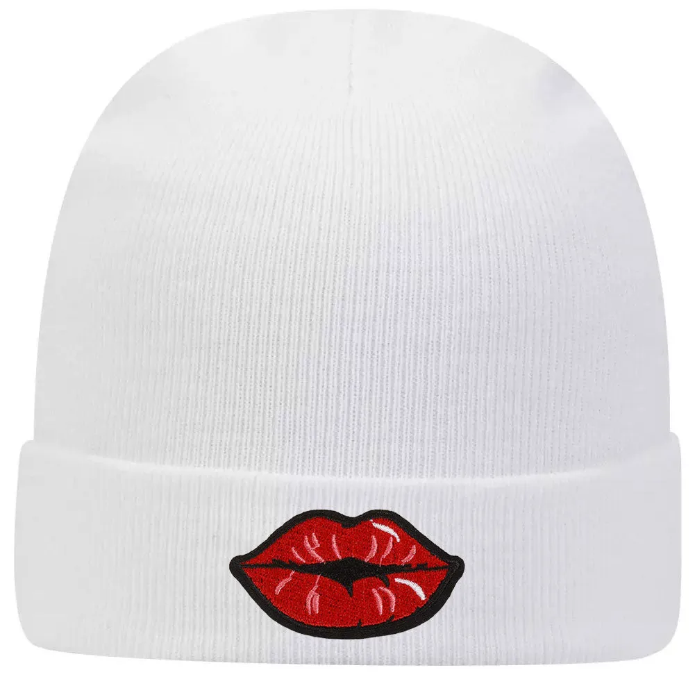 Red Kiss Lips Embroidered Patch Superior Cotton Blend 12 Classic Knit Cuff Beanies for Men & Women