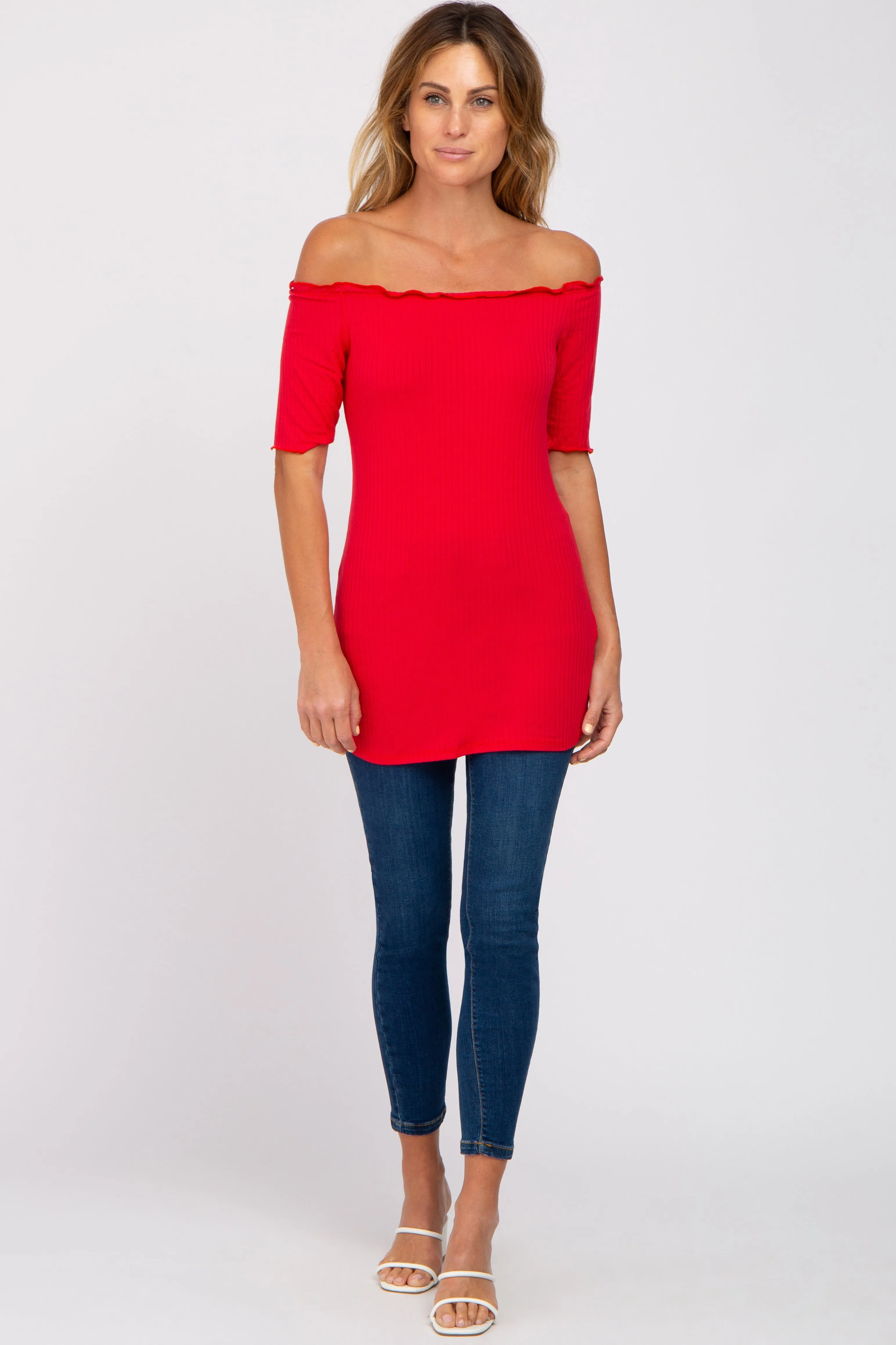 Red Off Shoulder Lettuce Hem Top