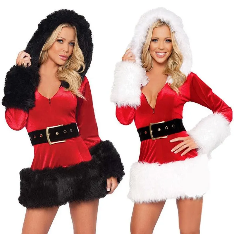 Santa Cosplay Costume For Women Red Hooded Furry Long Sleeve