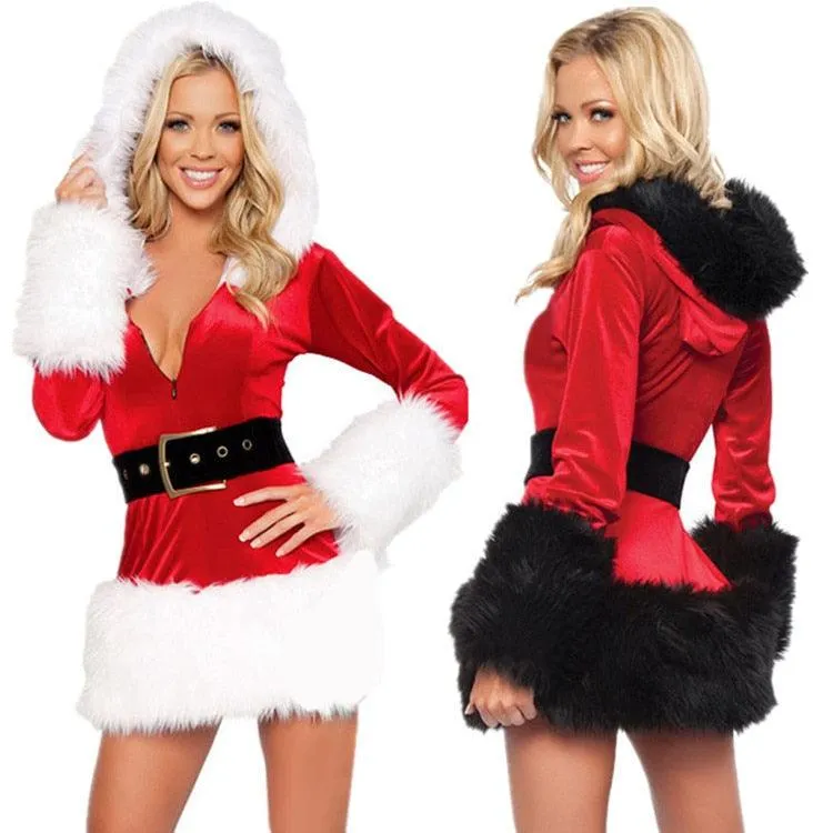 Santa Cosplay Costume For Women Red Hooded Furry Long Sleeve