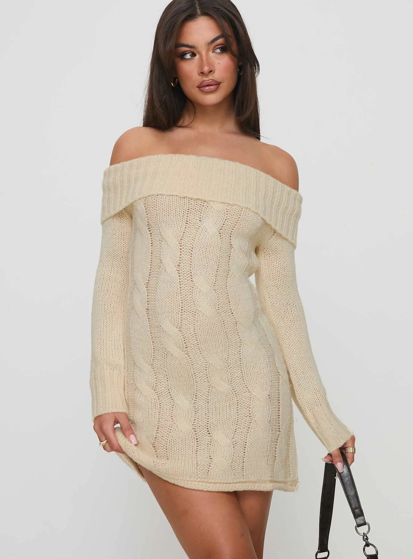 Snow Angel Off Shoulder Knit Jumper Mini Dress Cream