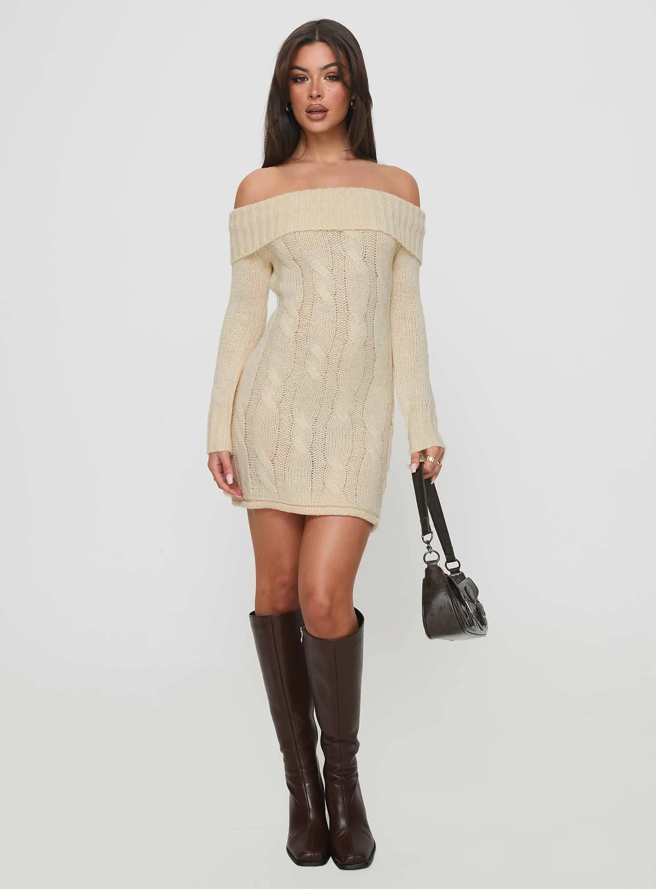 Snow Angel Off Shoulder Knit Jumper Mini Dress Cream