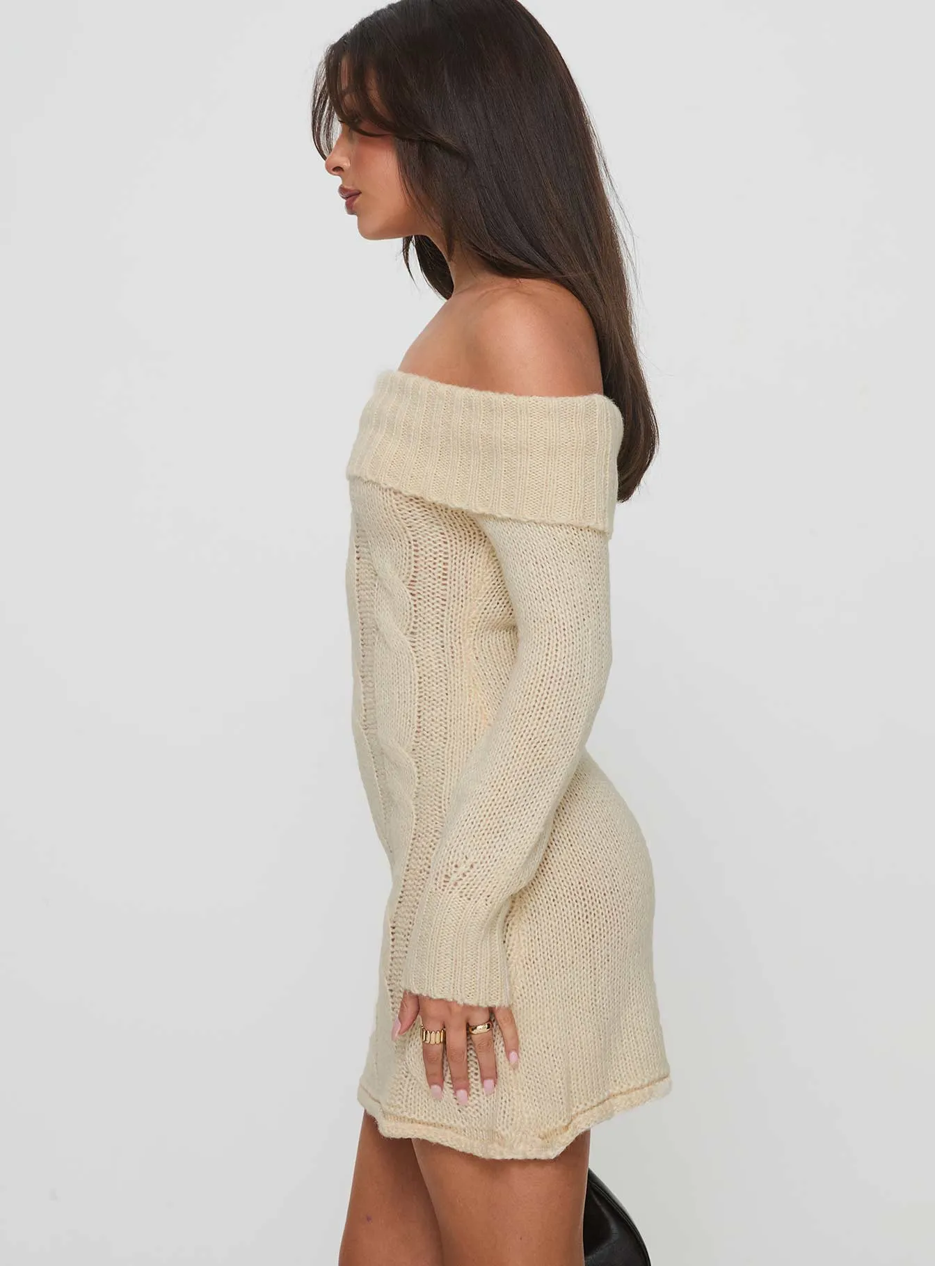 Snow Angel Off Shoulder Knit Jumper Mini Dress Cream