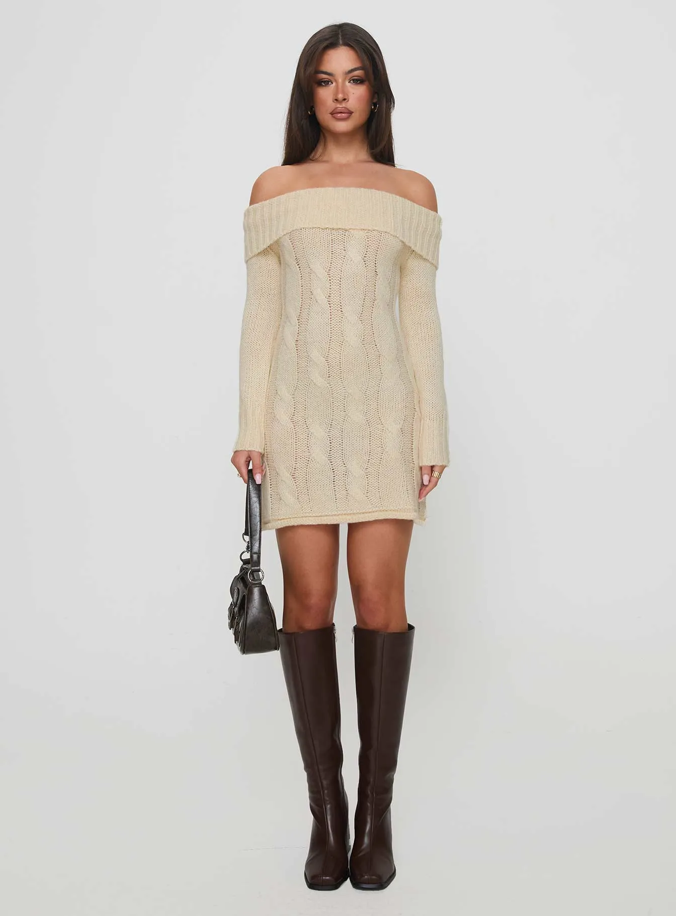 Snow Angel Off Shoulder Knit Jumper Mini Dress Cream