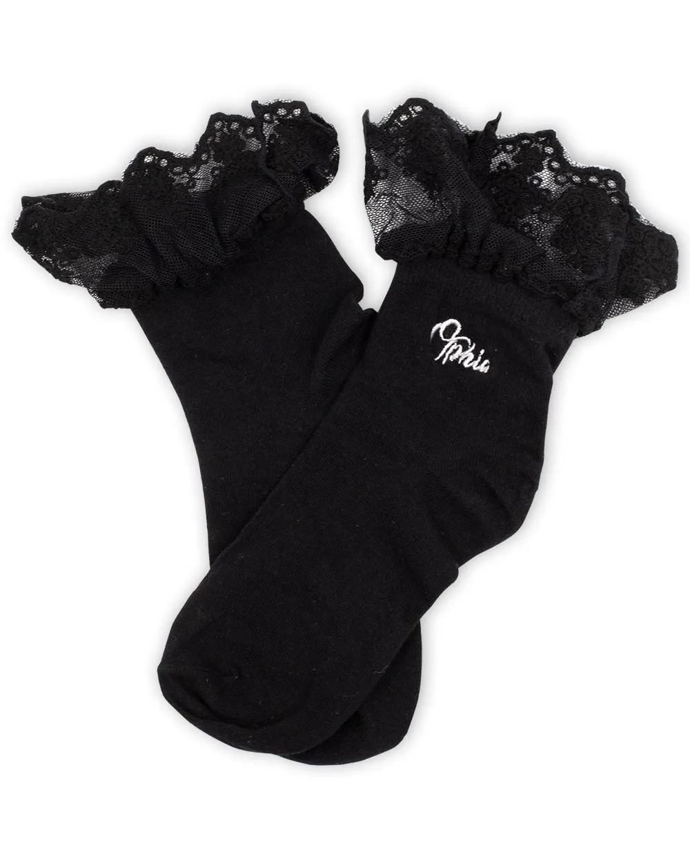 Socks - 2 Pair Black Frill Crew W/ Embroidery Ophia