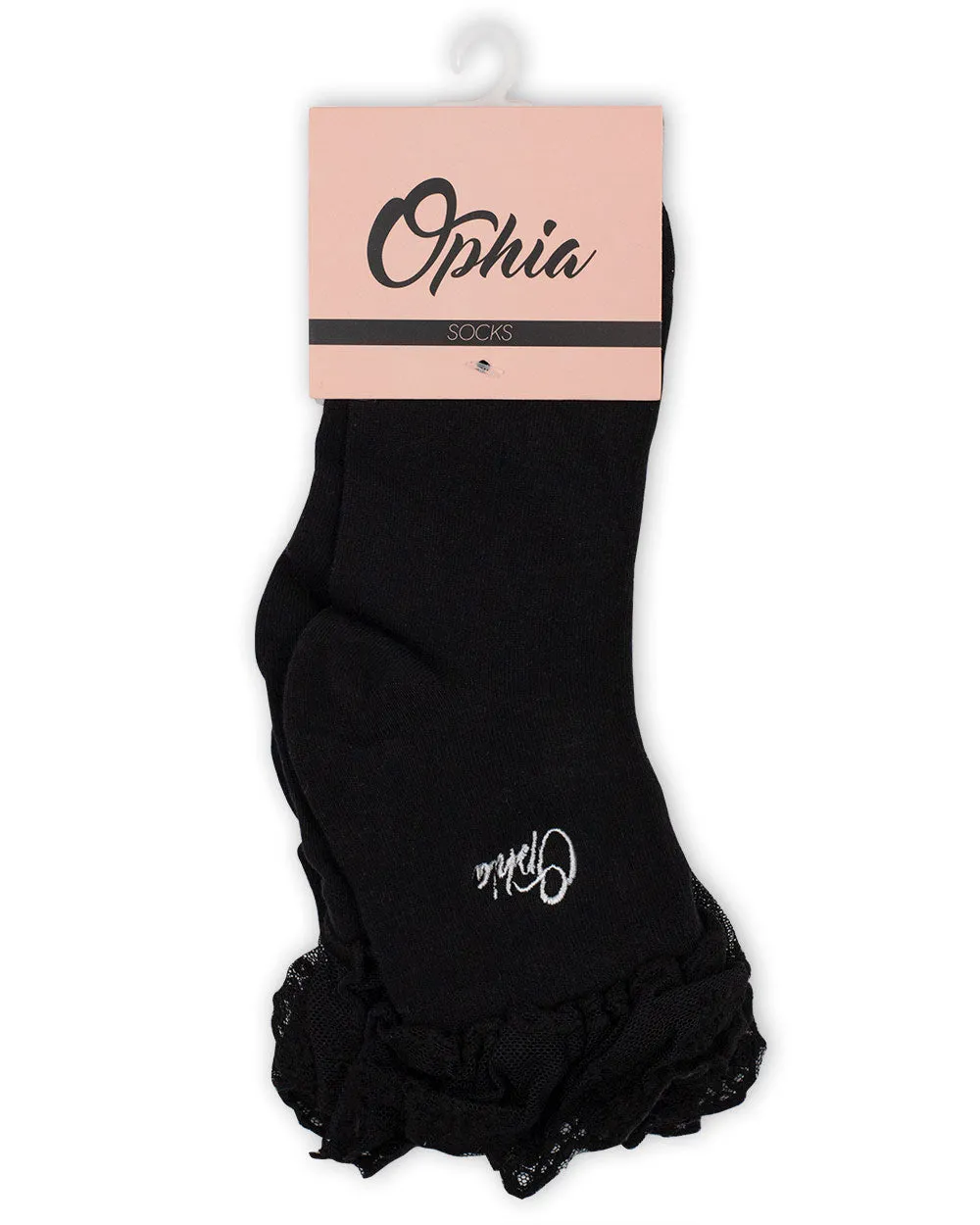 Socks - 2 Pair Black Frill Crew W/ Embroidery Ophia