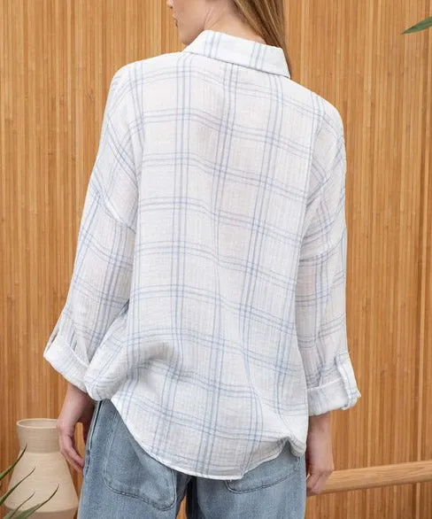 Soft Grid Button Down Top - Denim Blue