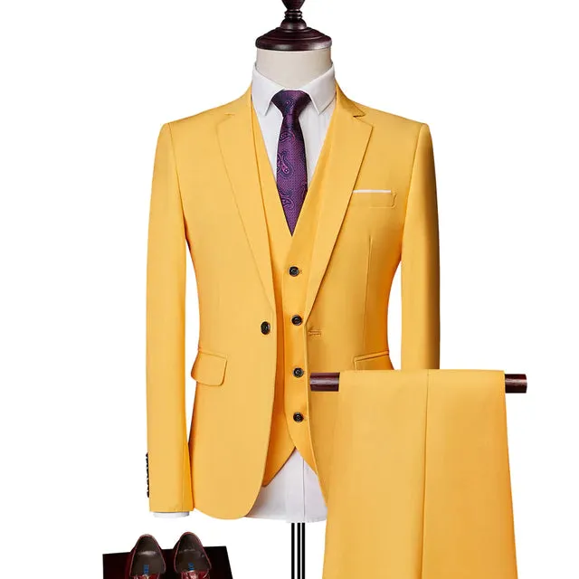 Solid Color Classic One Buckle Slim Fit Wedding Three Piece Suit for Men