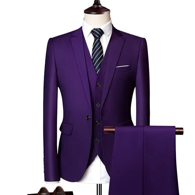 Solid Color Classic One Buckle Slim Fit Wedding Three Piece Suit for Men