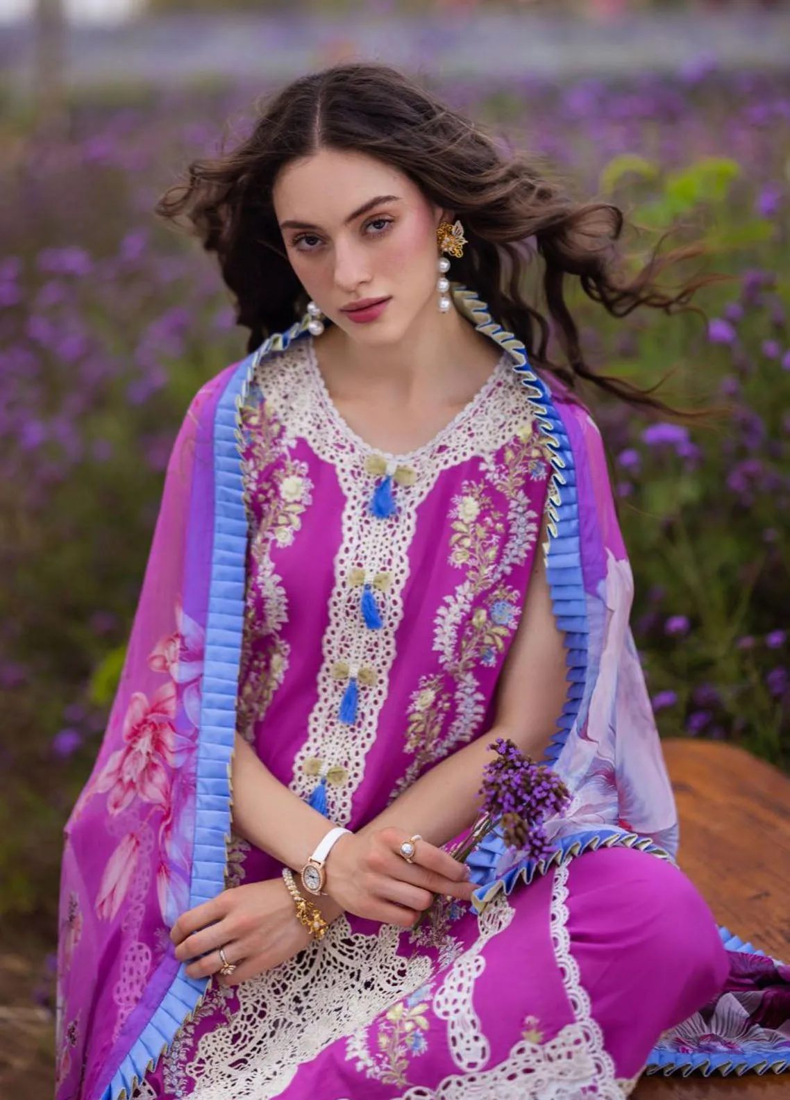 The Secret Garden By Mushq Hemline Spring Embroidered Lawn 3 Piece Unstitched Suit MQ24SGHSL D-3A ENCHANTED BLOOM