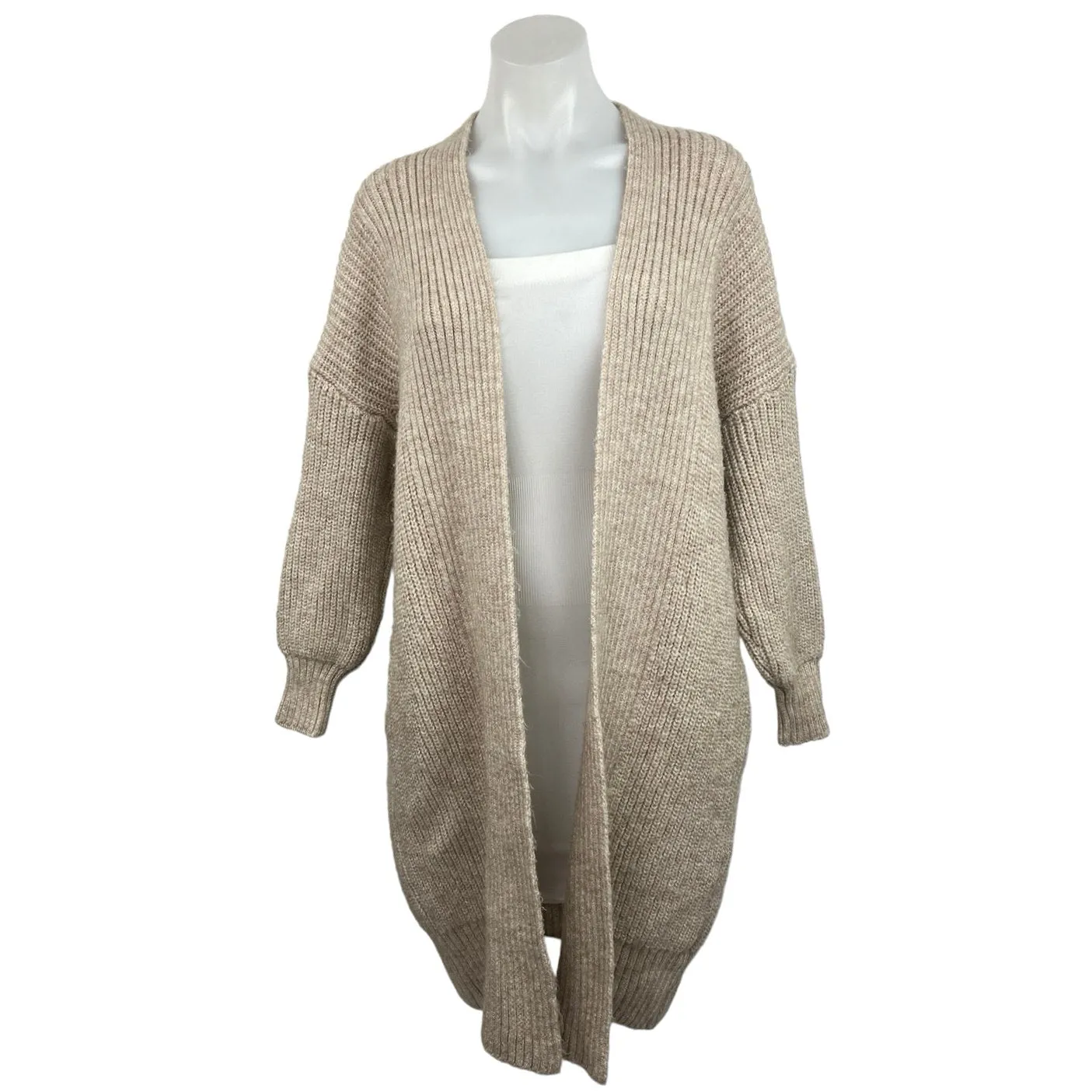 Topshop Beige Balloon Sleeve Mid Length Oversized Open Cardigan Sweater Size 0/2