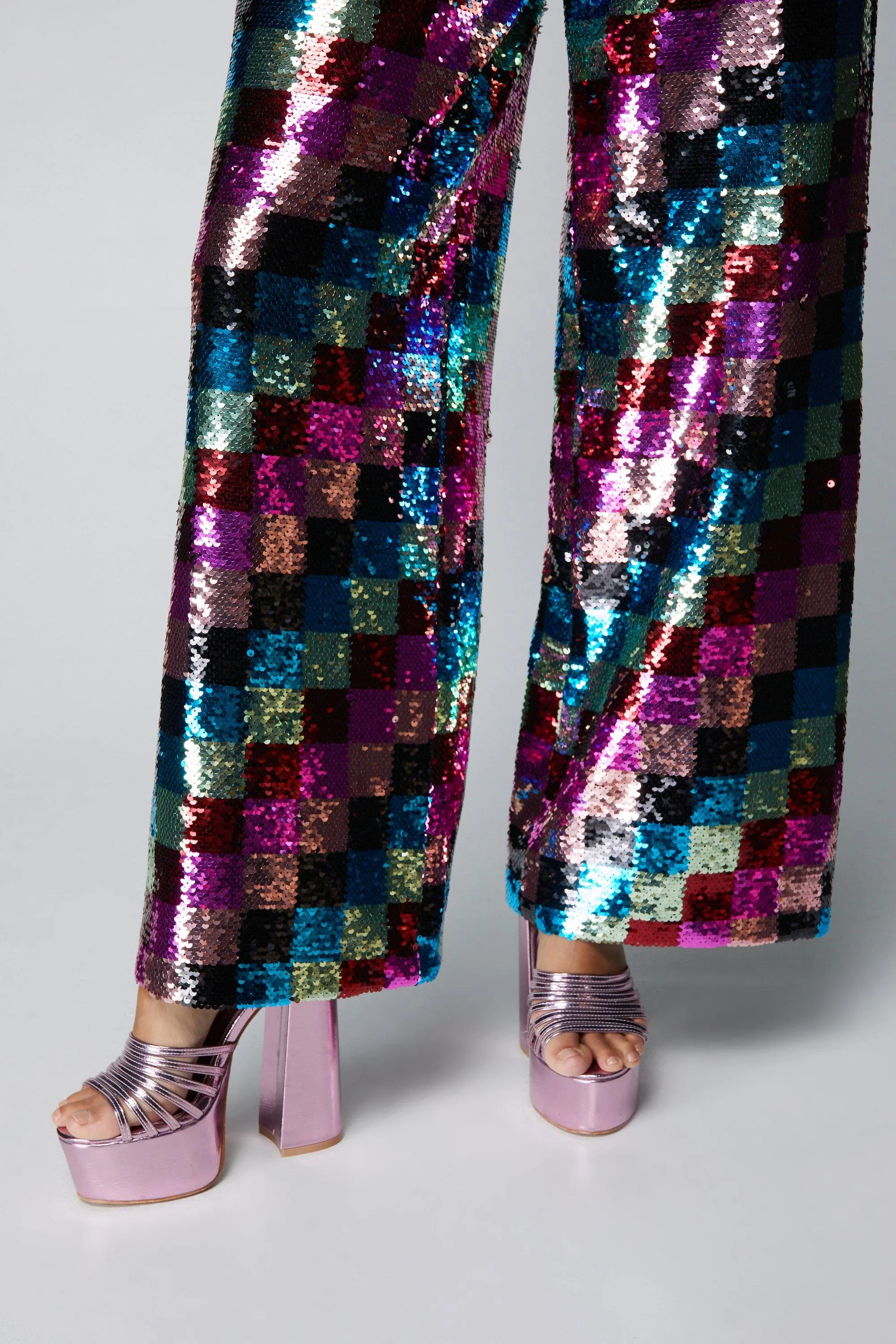 Trousers | Checkerboard Sequin Wide Leg Trousers | NastyGal