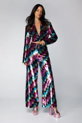 Trousers | Checkerboard Sequin Wide Leg Trousers | NastyGal