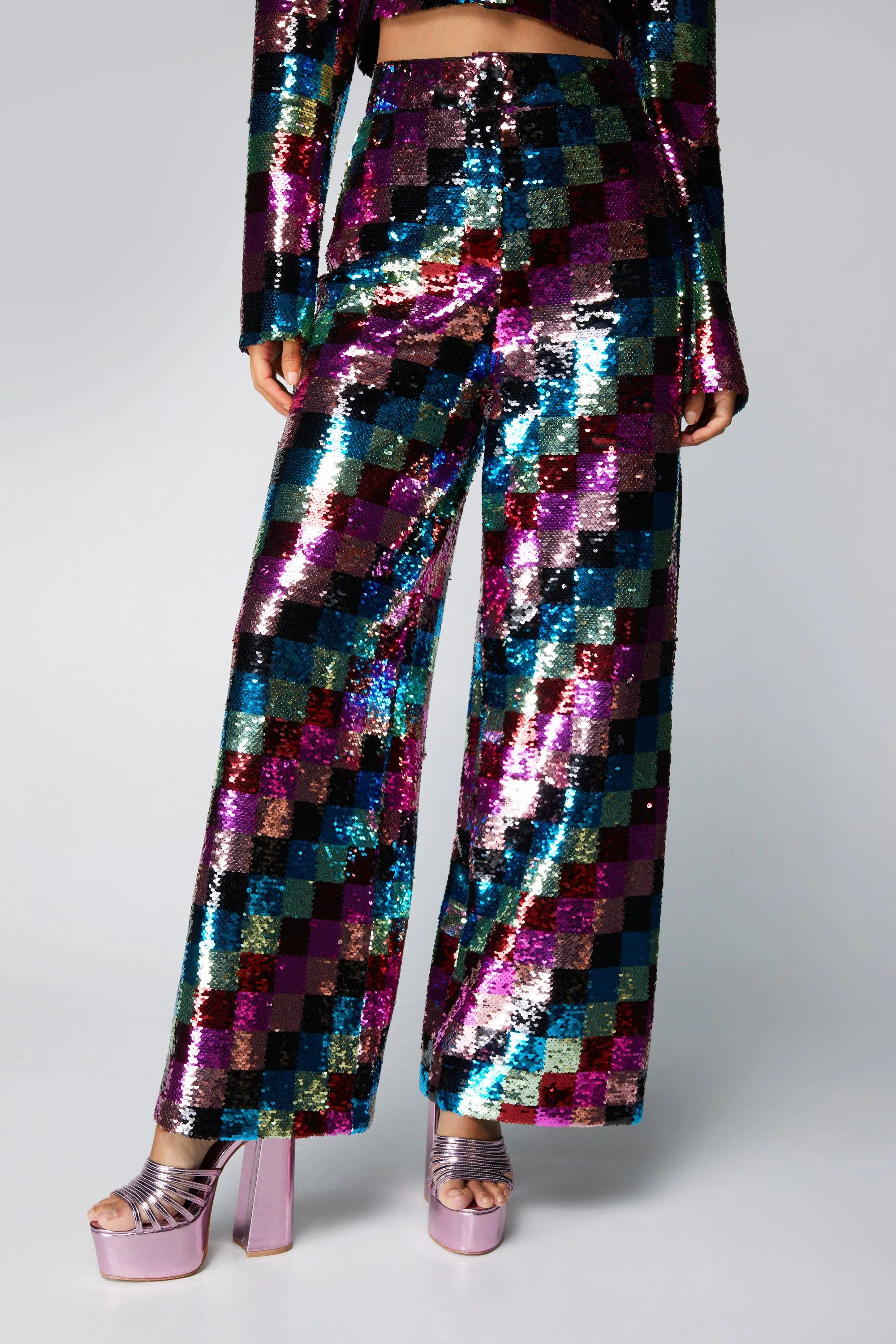 Trousers | Checkerboard Sequin Wide Leg Trousers | NastyGal