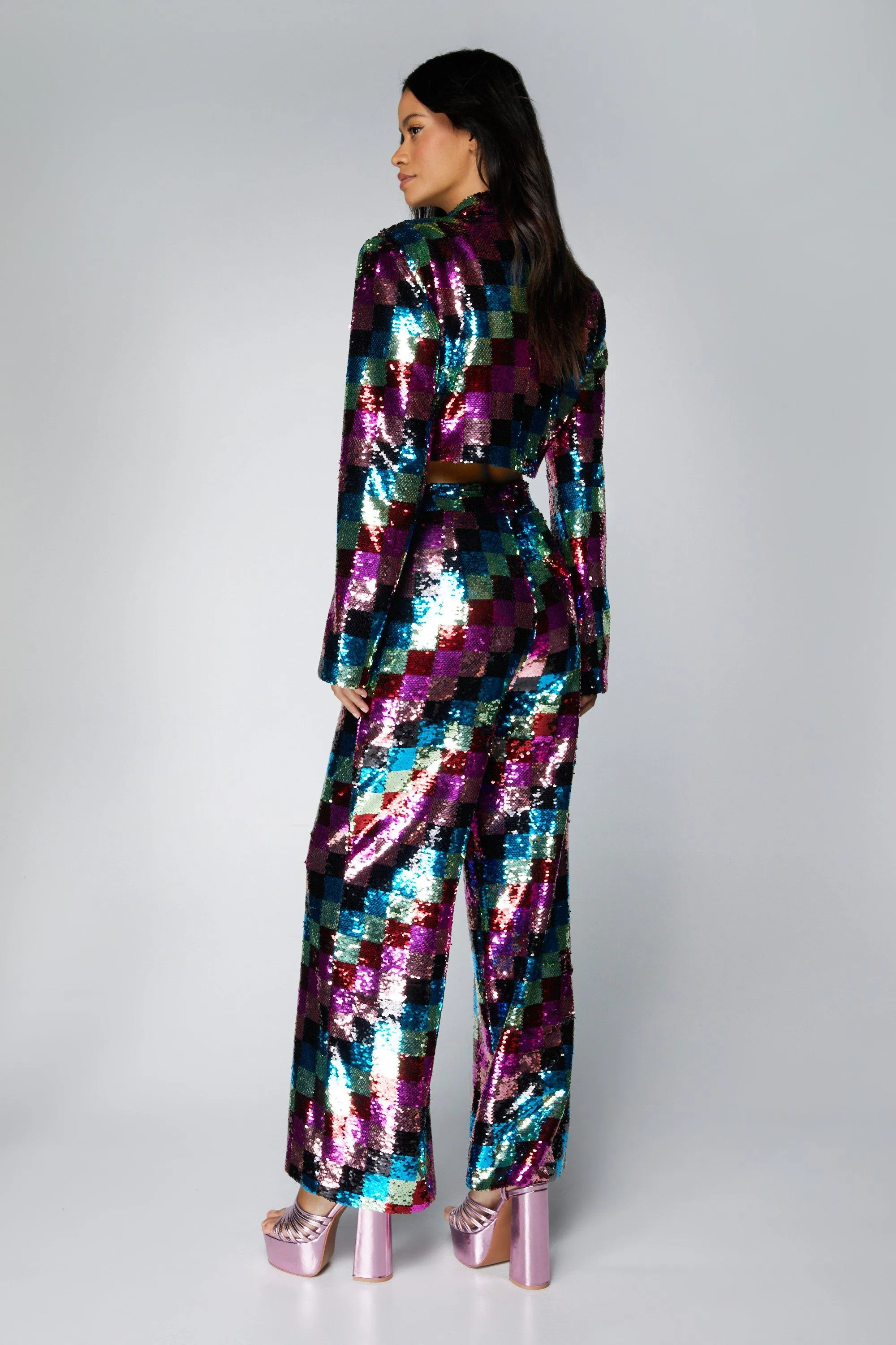 Trousers | Checkerboard Sequin Wide Leg Trousers | NastyGal