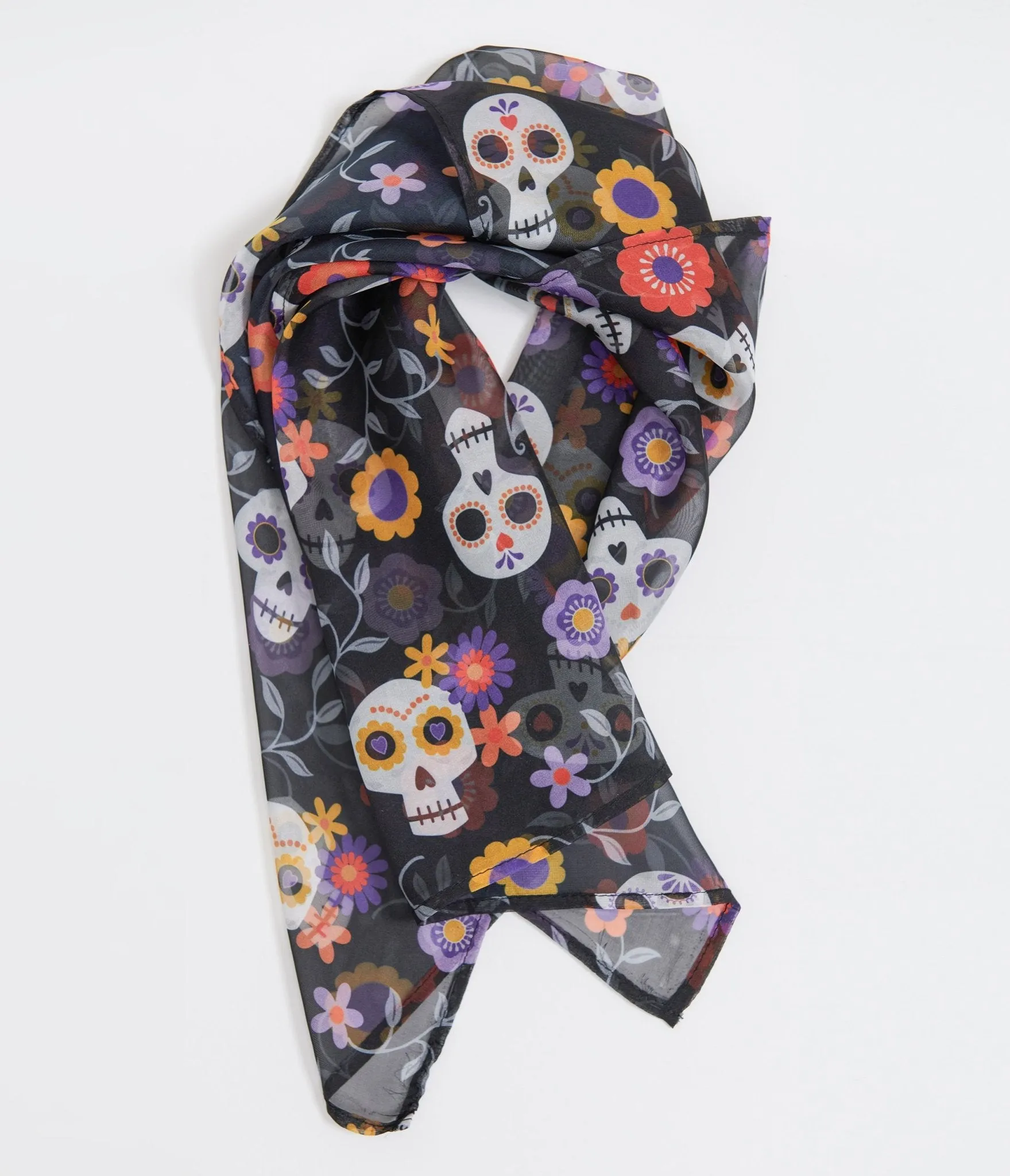 Unique Vintage 1950s Dia De Los Muertos Sugar Skull Print Hair Scarf