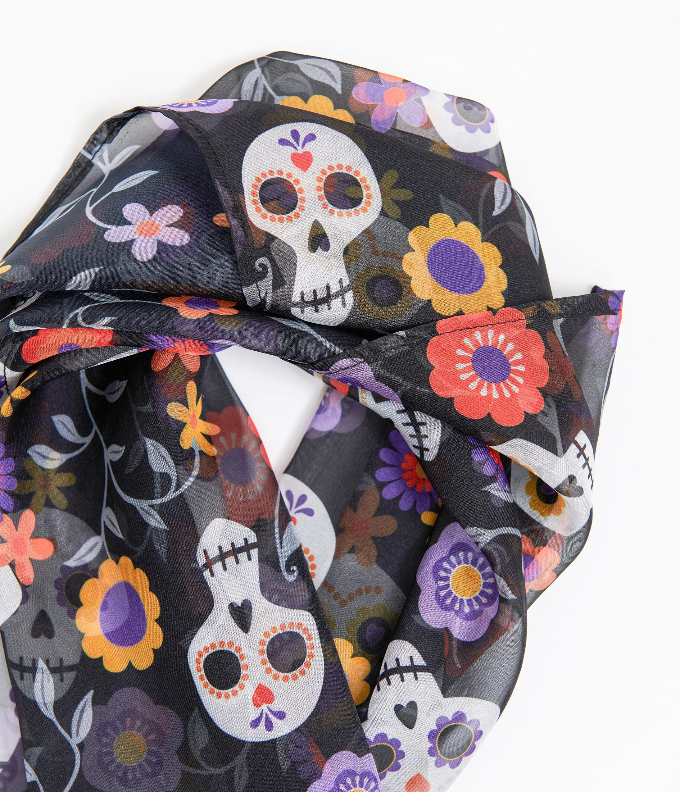 Unique Vintage 1950s Dia De Los Muertos Sugar Skull Print Hair Scarf