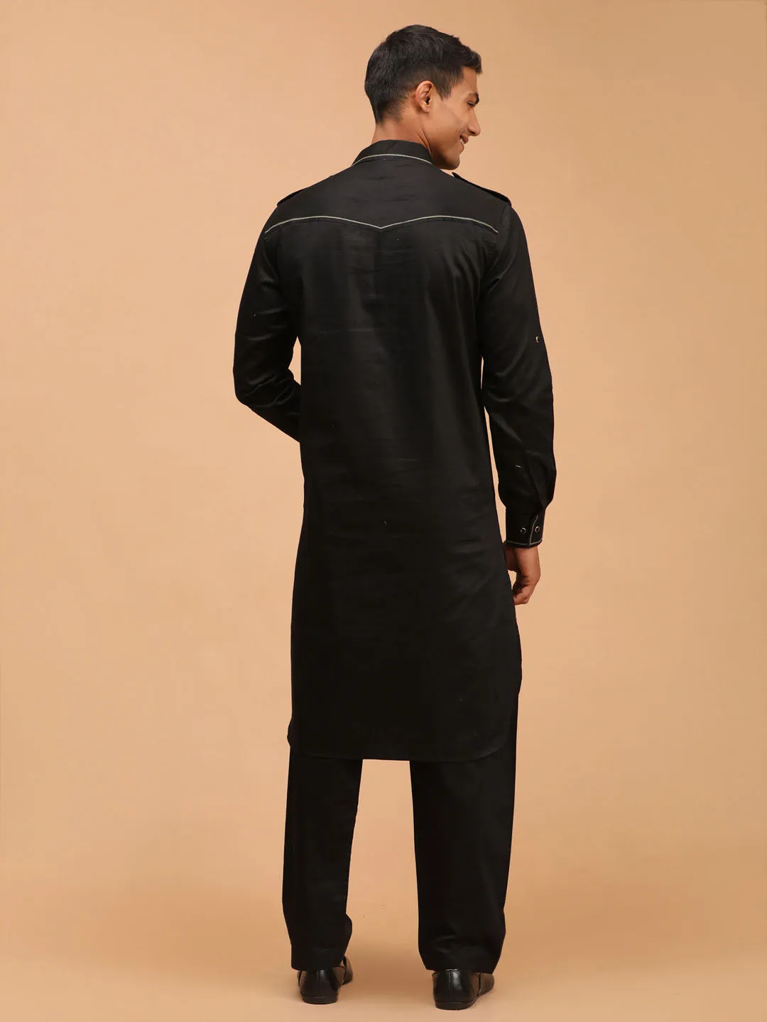 Vastramay Men's Black Cotton Blend Pathani Suit Set