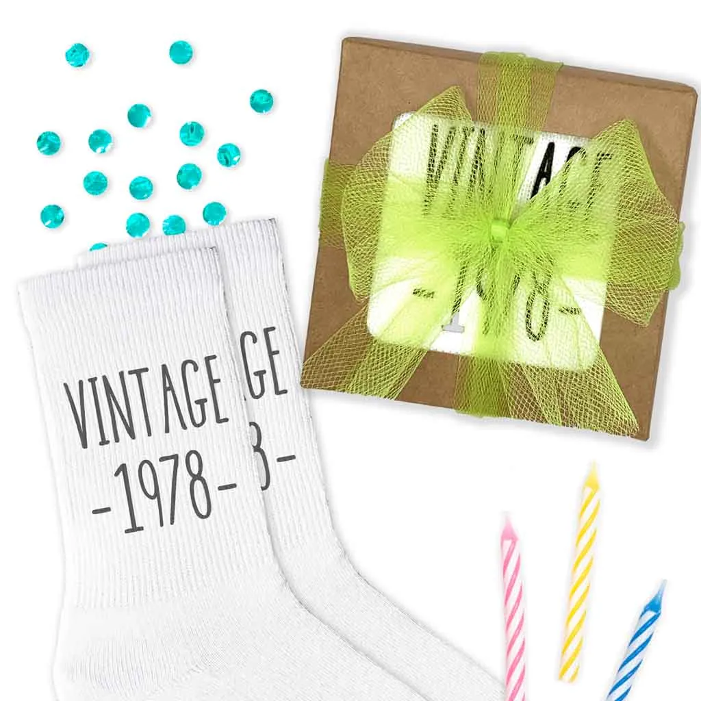 Vintage Birthday Socks for Him or Her with a Birthday Year