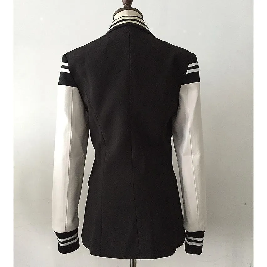 Women Blazer, Patchwork Leather Sleeve Blazer