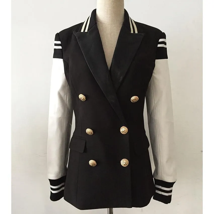 Women Blazer, Patchwork Leather Sleeve Blazer