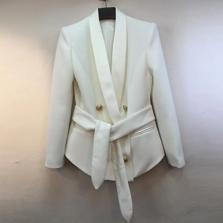 Women Blazer With Belt Double Breasted, Shawl Collar