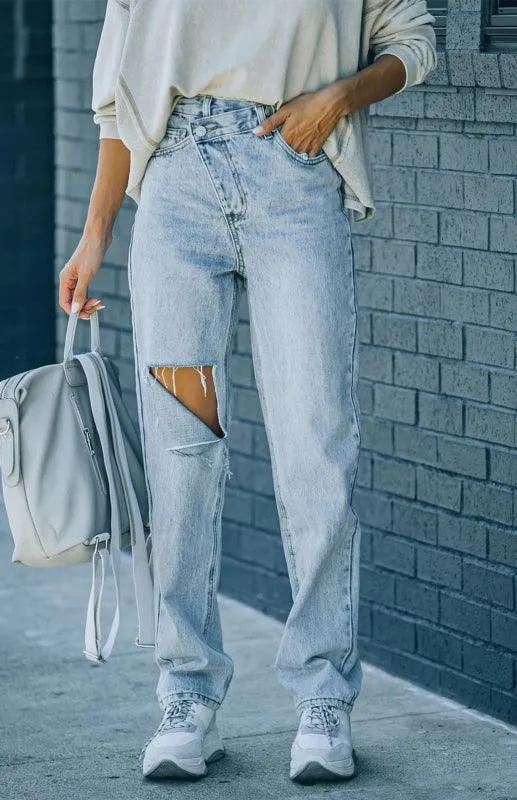 Women Ripped Jeans - Irregular Waist