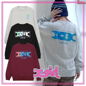 X-girl  |Crew Neck Unisex Street Style Long Sleeves Plain Cotton Logo