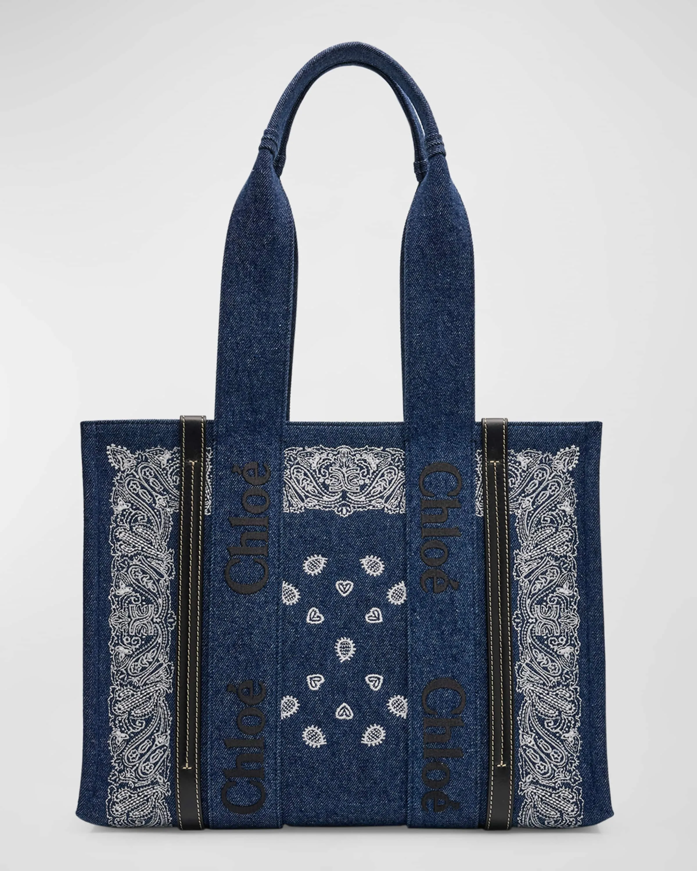 x High Summer Woody Medium Tote Bag in Bandana Embroidered Denim