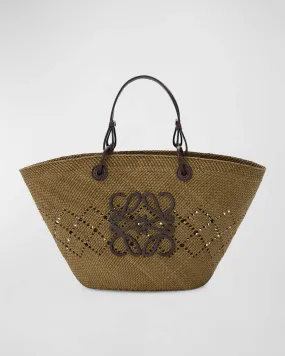 x Paula’s Ibiza Large Anagram Basket Tote Bag in Iraca Palm with Leather Handles