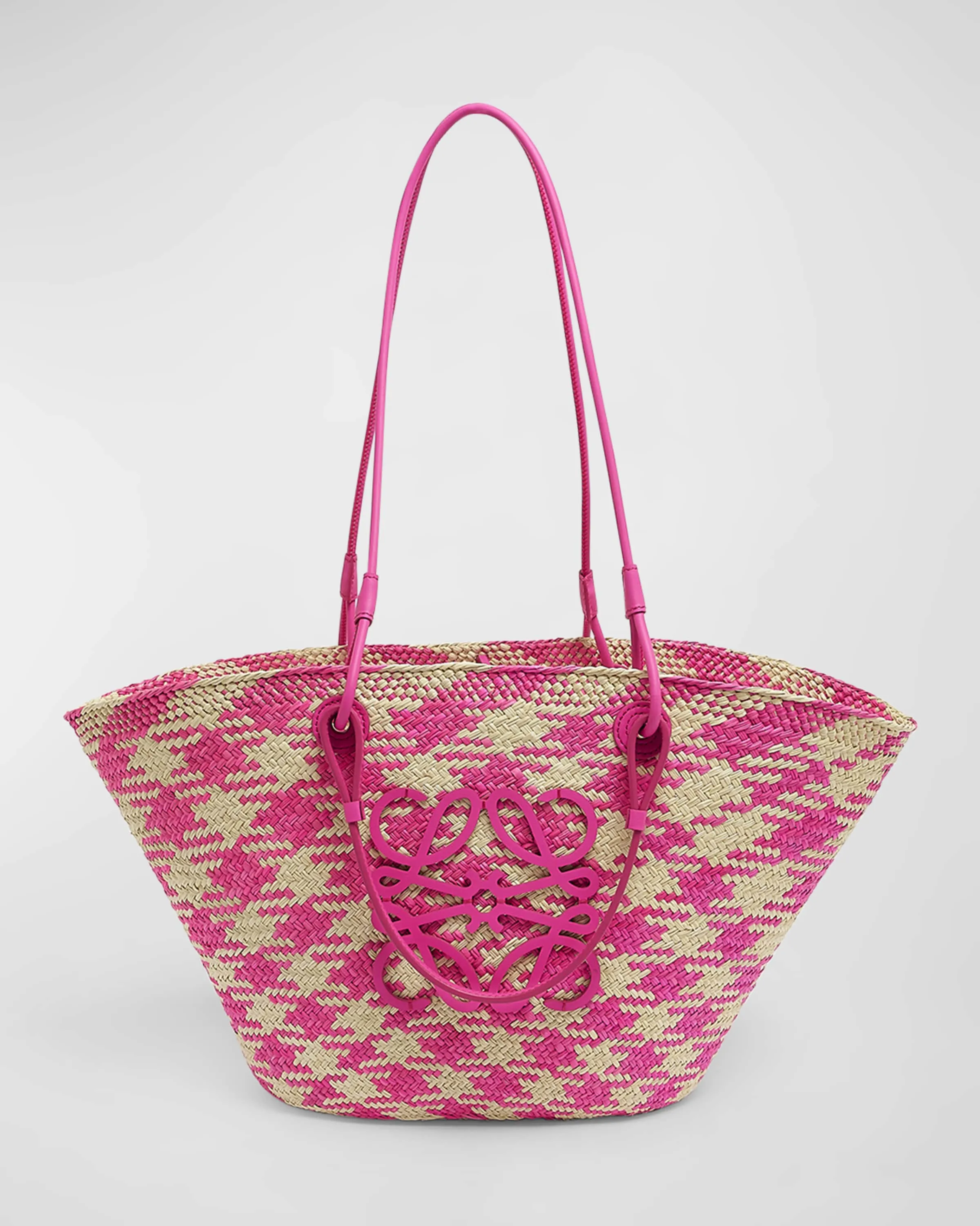 x Paula’s Ibiza Medium Anagram Basket Tote Bag in Checkered Iraca Palm with Leather Handles