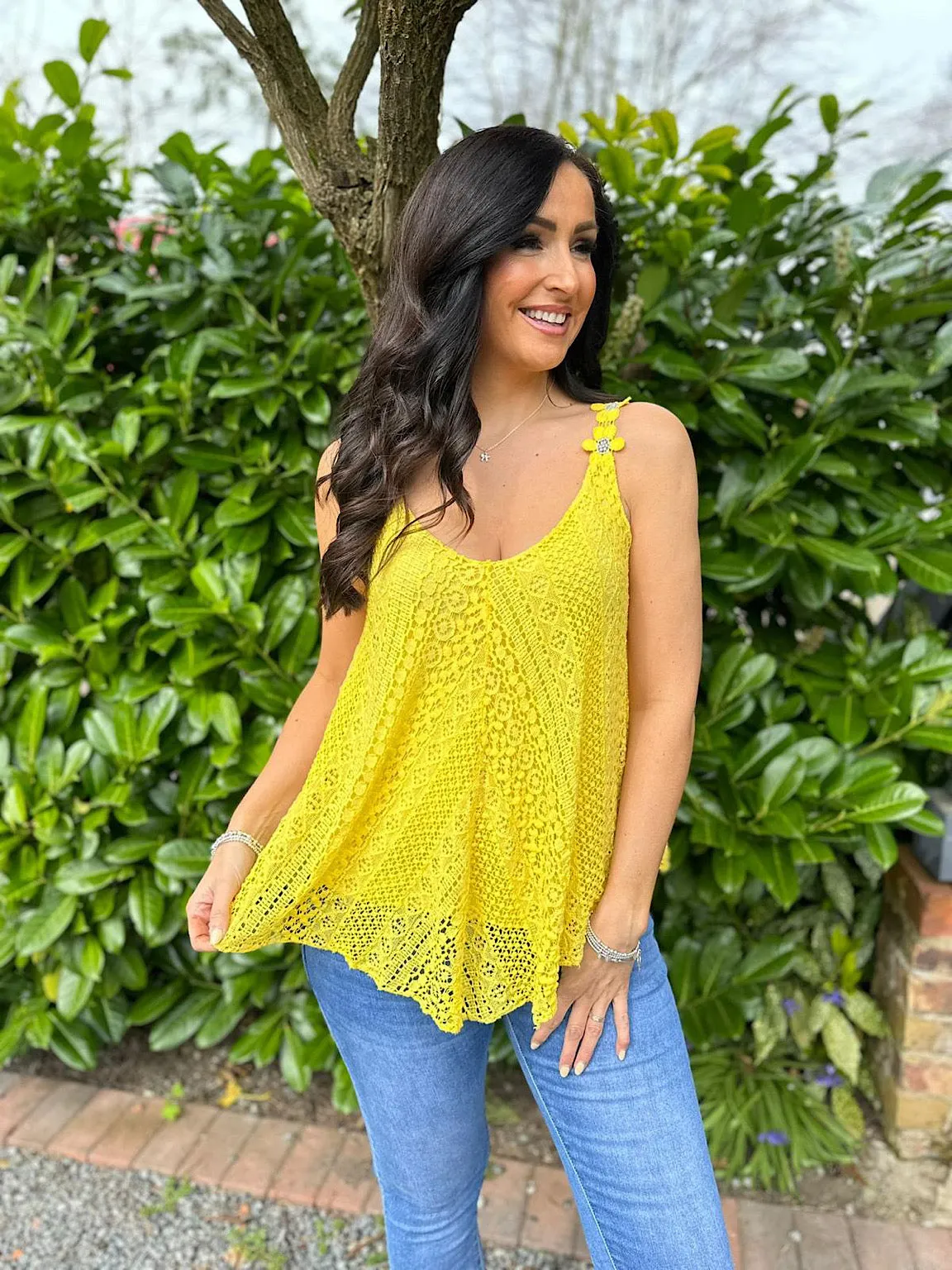 Yellow Crochet Flower Strap Vest Top Tilly