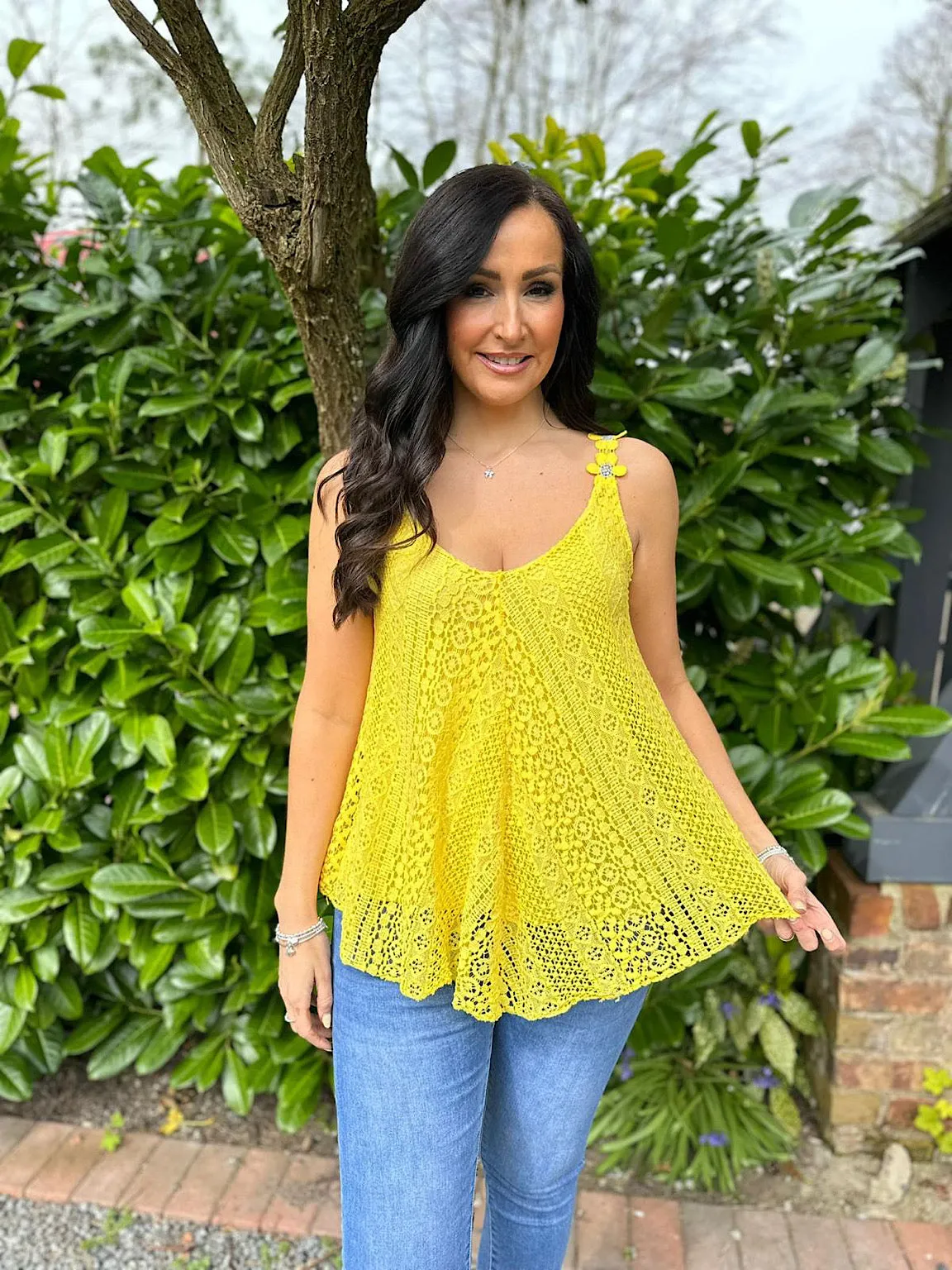 Yellow Crochet Flower Strap Vest Top Tilly