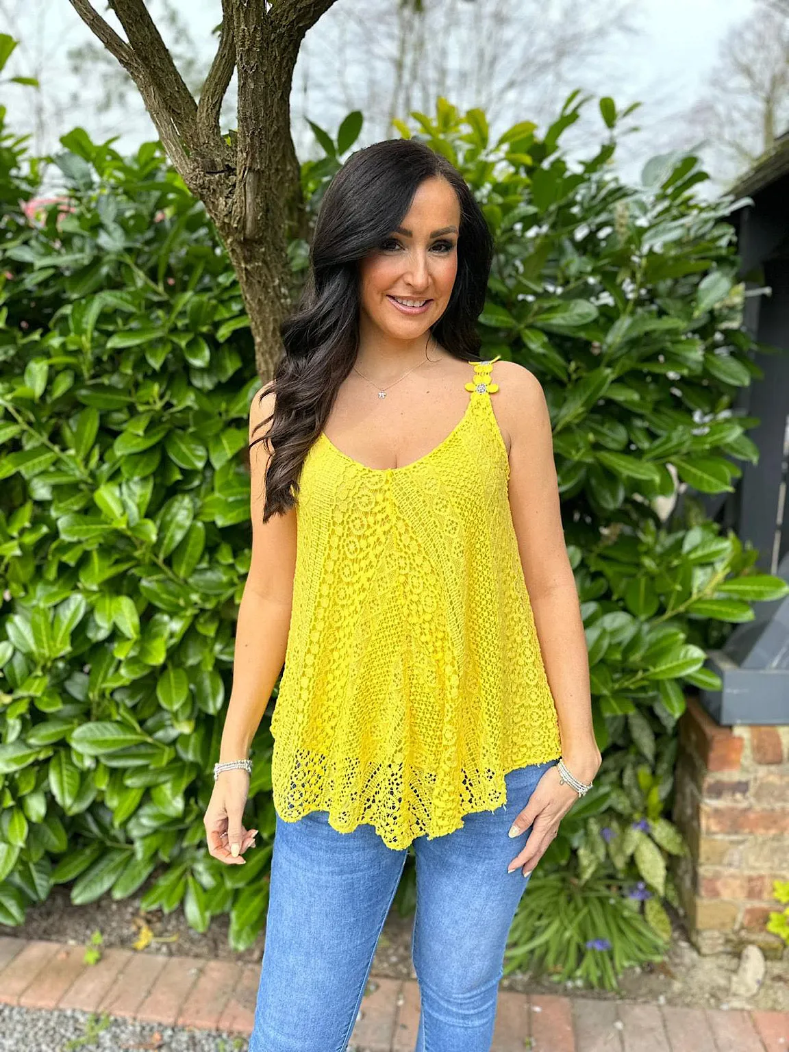 Yellow Crochet Flower Strap Vest Top Tilly