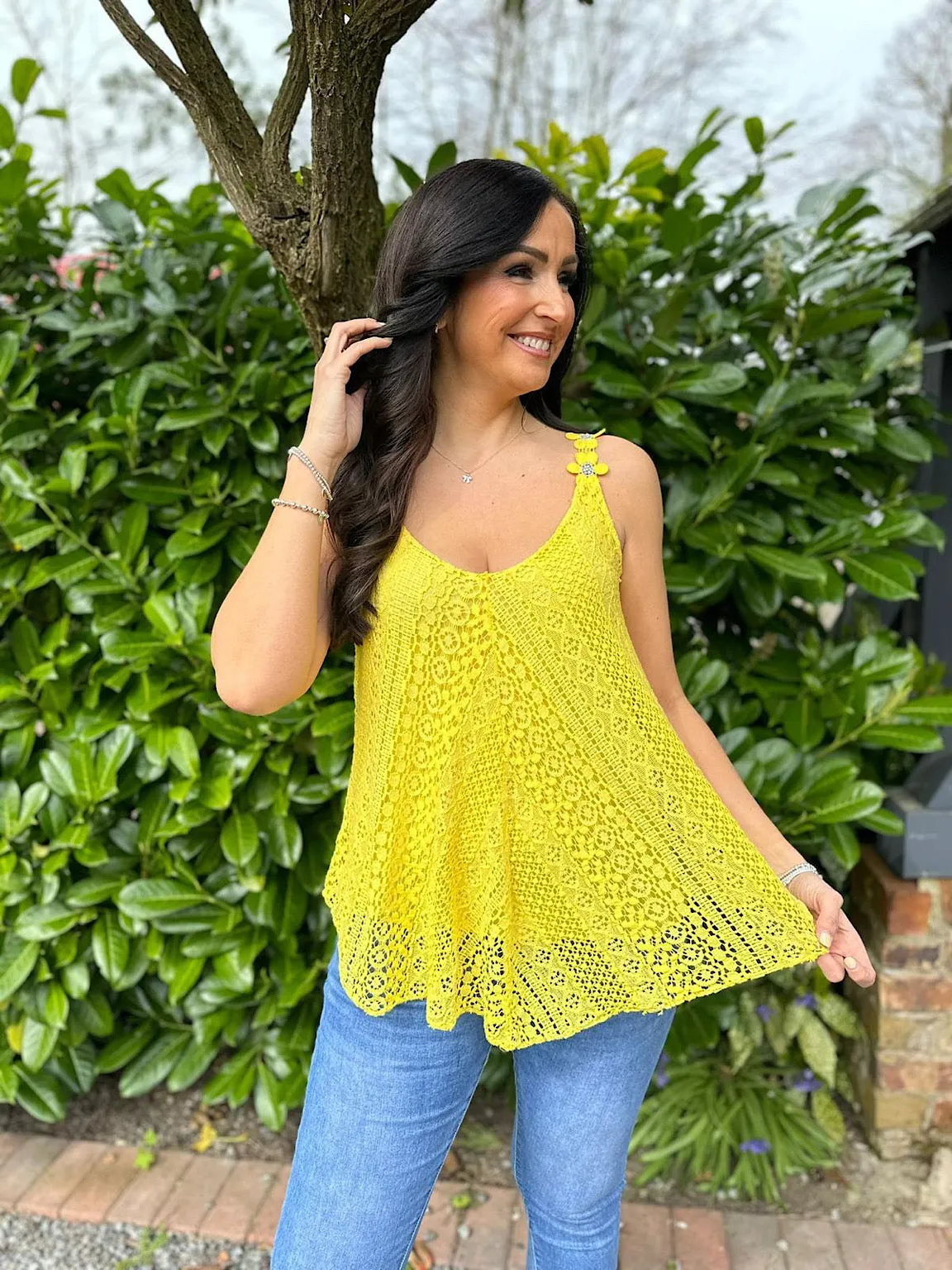 Yellow Crochet Flower Strap Vest Top Tilly