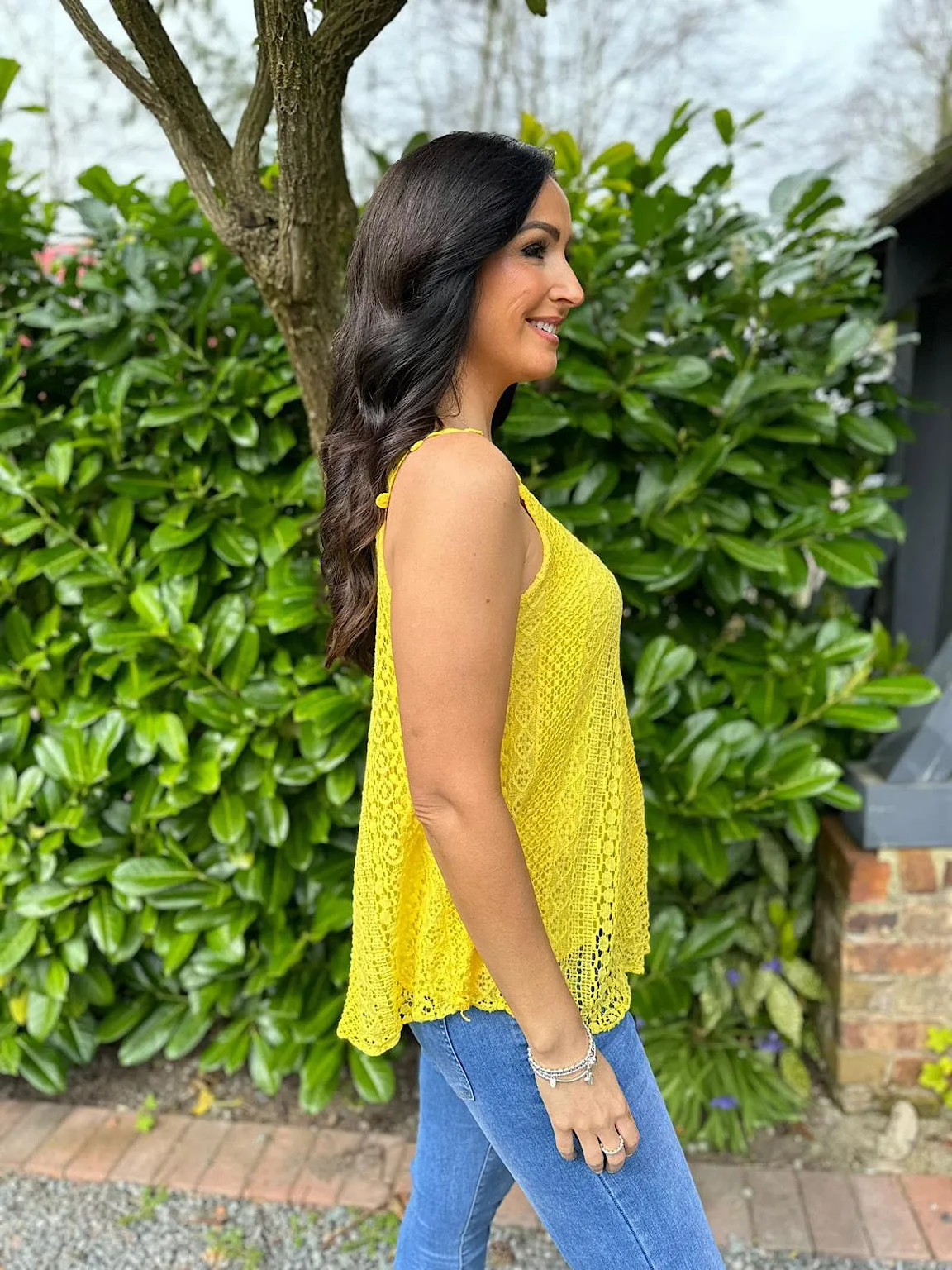 Yellow Crochet Flower Strap Vest Top Tilly