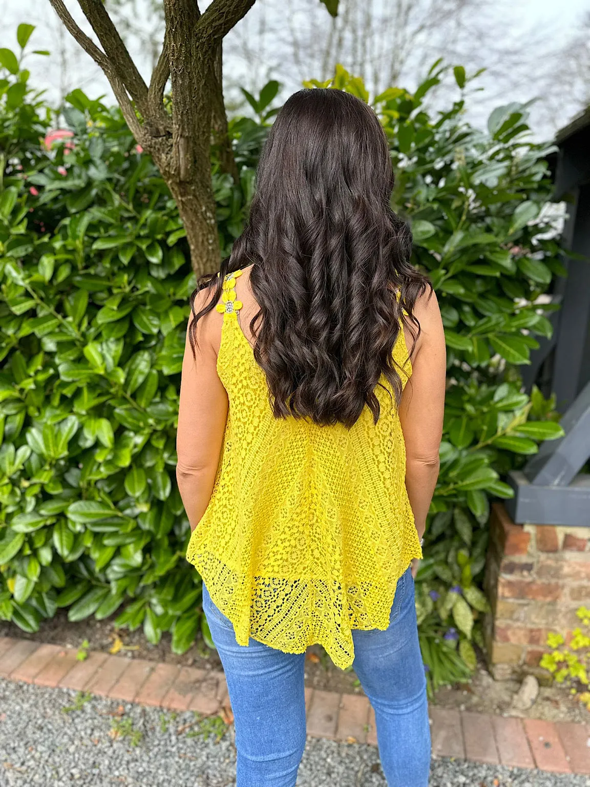 Yellow Crochet Flower Strap Vest Top Tilly