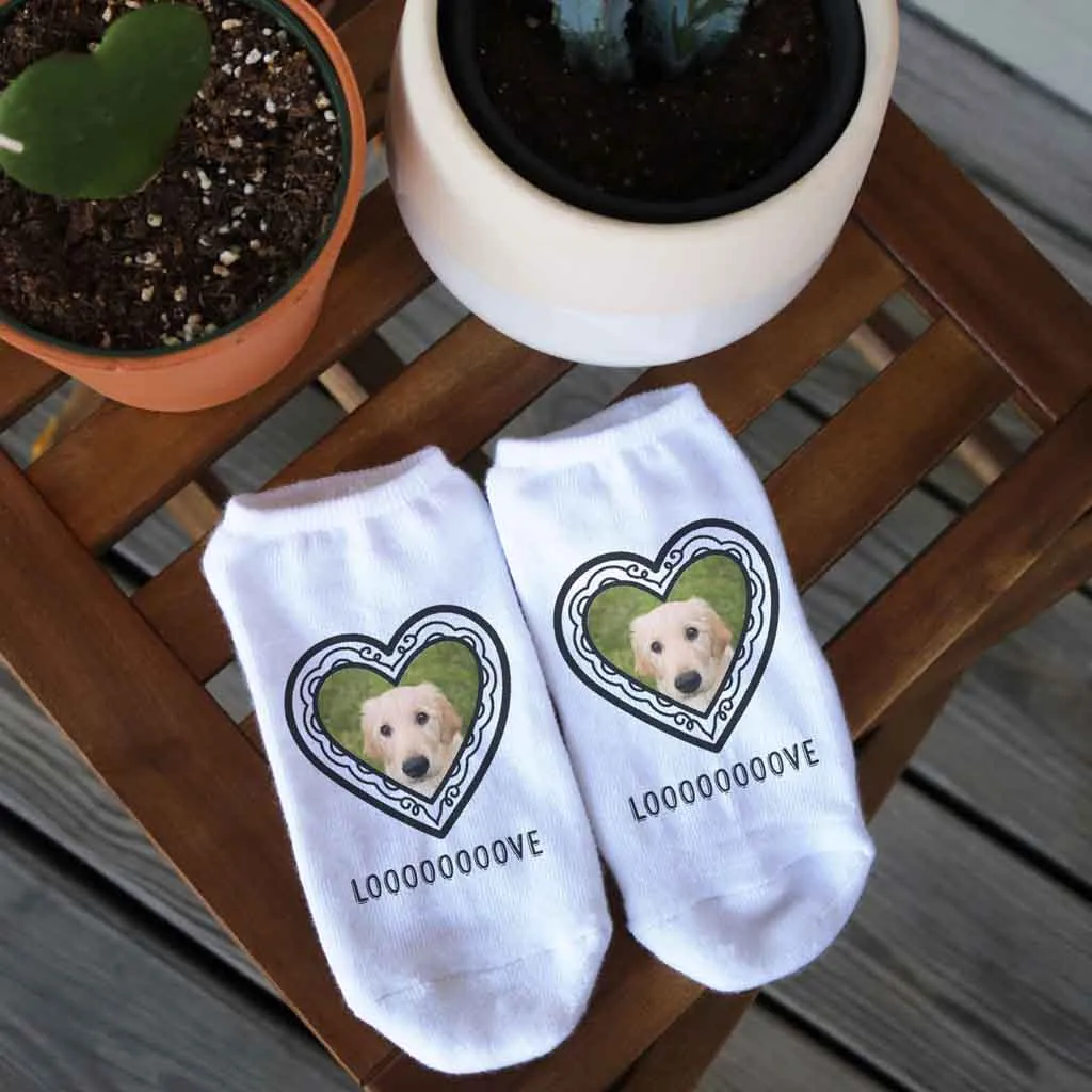 Your Photo and Text on No Show Socks in Heart Frame